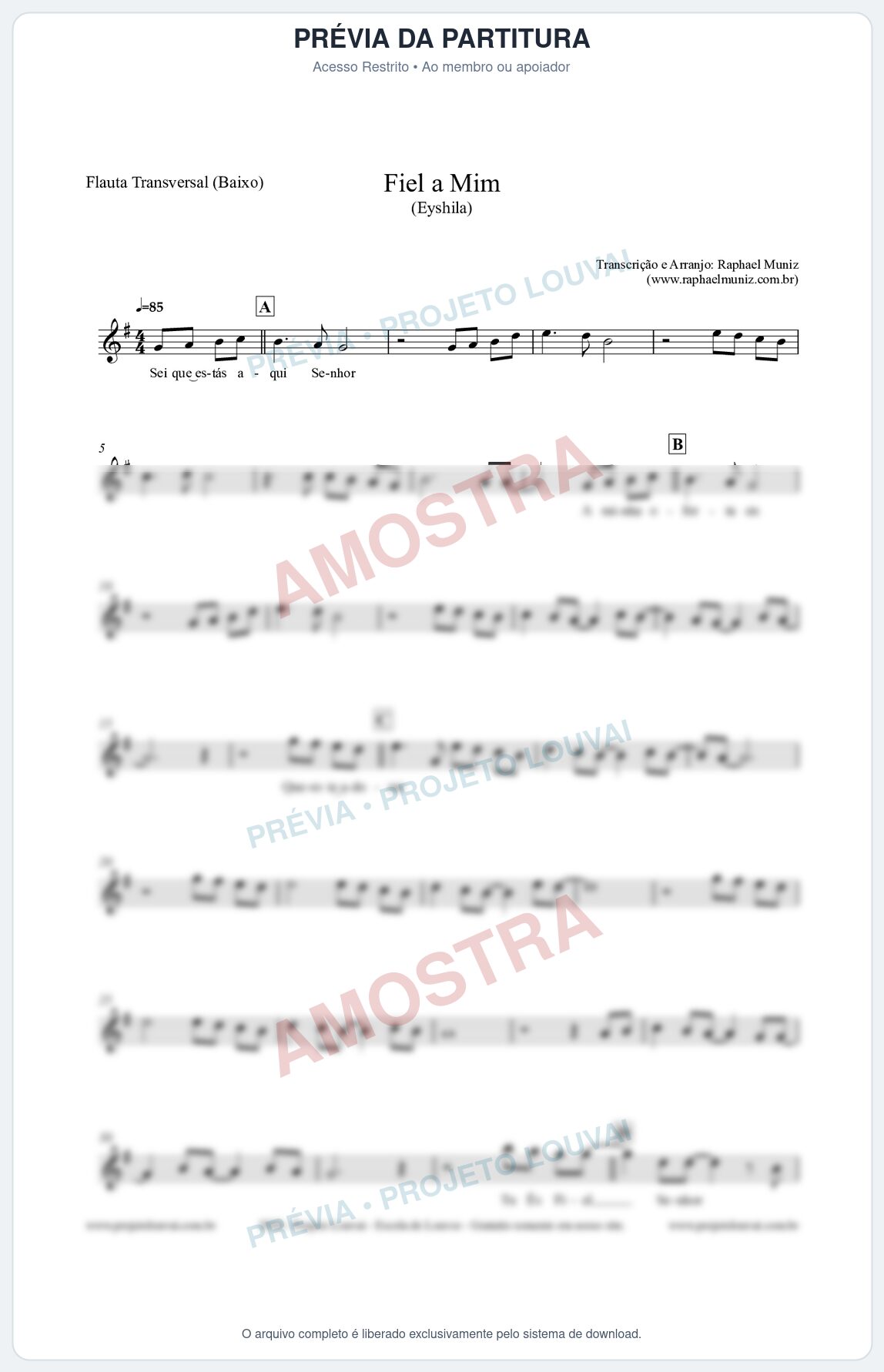 Prévia protegida da primeira página da partitura Partitura para Flauta Transversal (Baixo) - Fiel a Mim (Tom G) - Eyshila