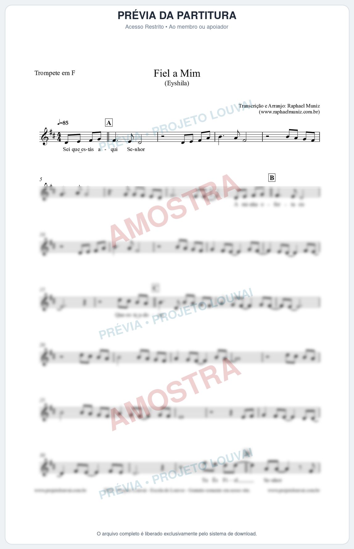 Prévia protegida da primeira página da partitura Partitura para Trompete em F - Fiel a Mim (Tom G) - Eyshila