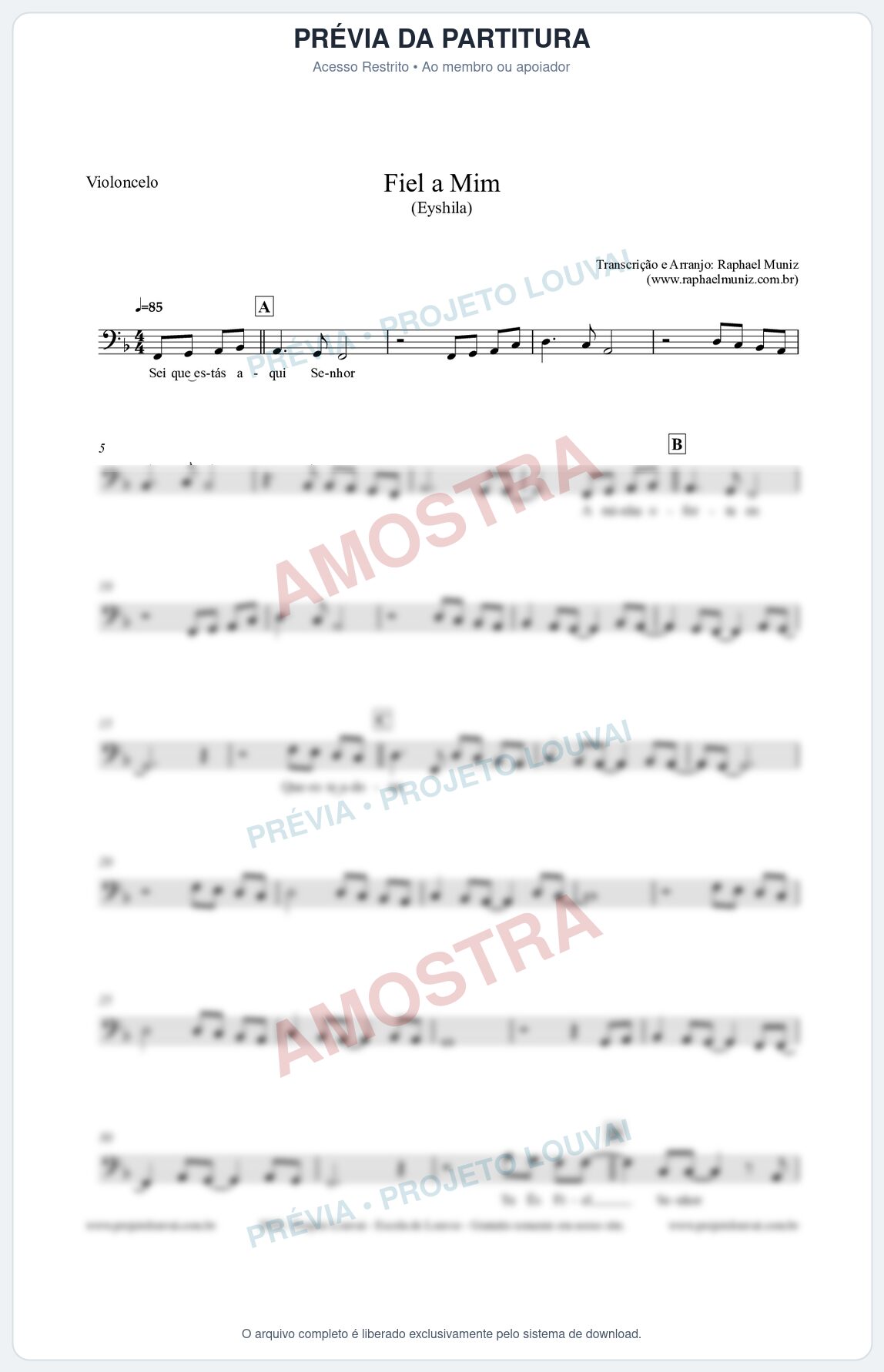 Prévia protegida da primeira página da partitura Partitura para Violoncelo - Fiel a Mim (Tom F) - Eyshila