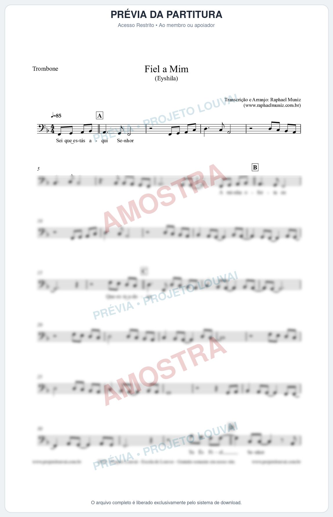 Prévia protegida da primeira página da partitura Partitura para Trombone - Fiel a Mim (Tom F) - Eyshila