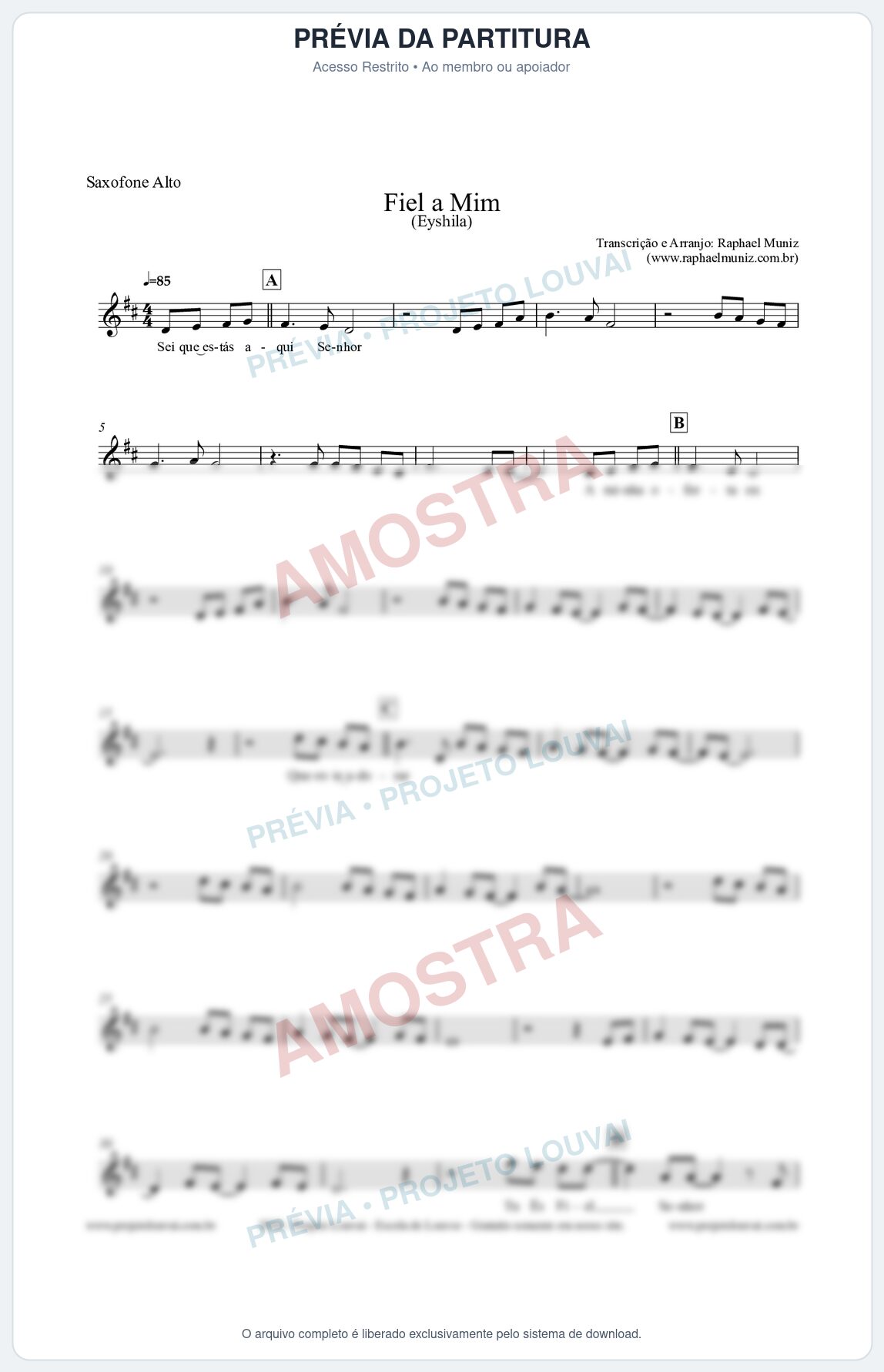 Prévia protegida da primeira página da partitura Partitura para Saxofone Alto - Fiel a Mim (Tom F) - Eyshila
