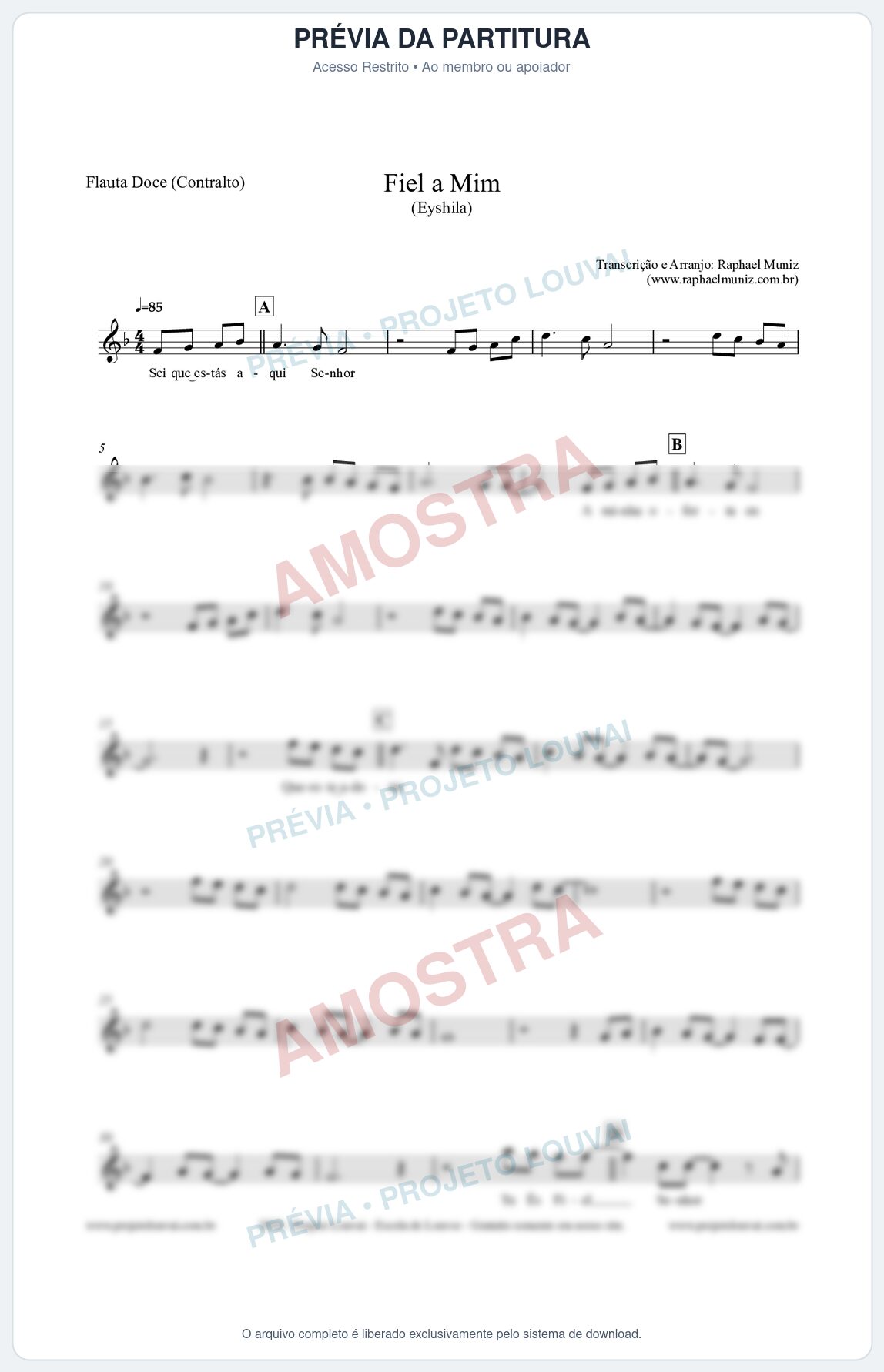 Prévia protegida da primeira página da partitura Partitura para Flauta Doce (Contralto) - Fiel a Mim (Tom F) - Eyshila