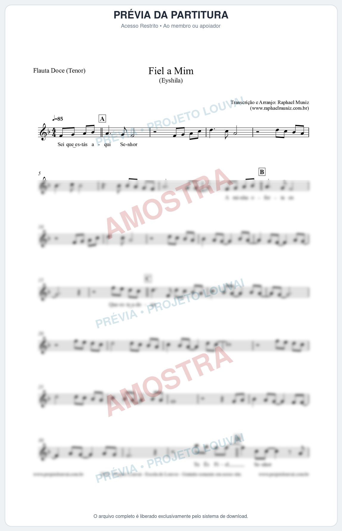 Prévia protegida da primeira página da partitura Partitura para Flauta Doce (Tenor) - Fiel a Mim (Tom F) - Eyshila
