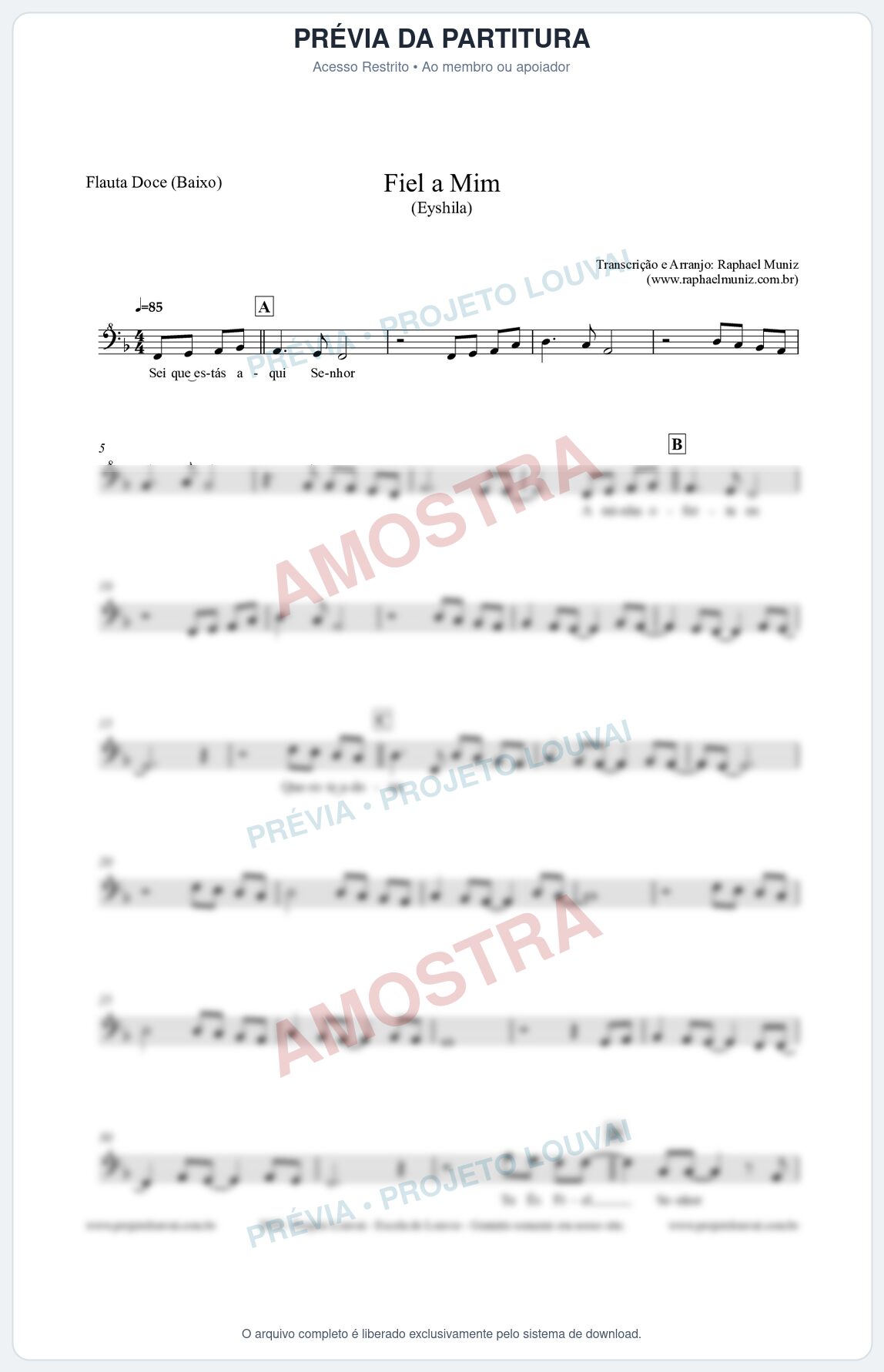 Prévia protegida da primeira página da partitura Partitura para Flauta Doce (Baixo) - Fiel a Mim (Tom F) - Eyshila