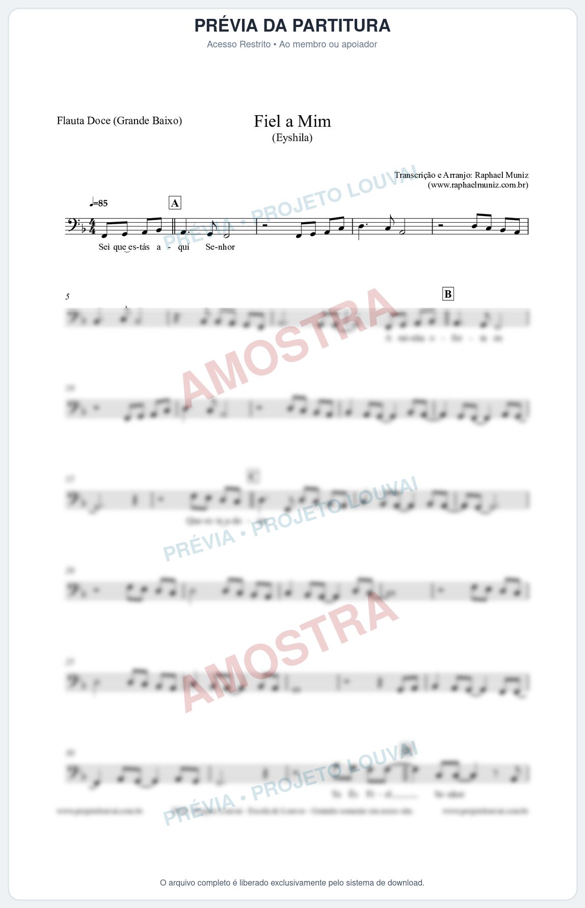 Prévia protegida da primeira página da partitura Partitura para Flauta Doce (Grande Baixo) - Fiel a Mim (Tom F) - Eyshila