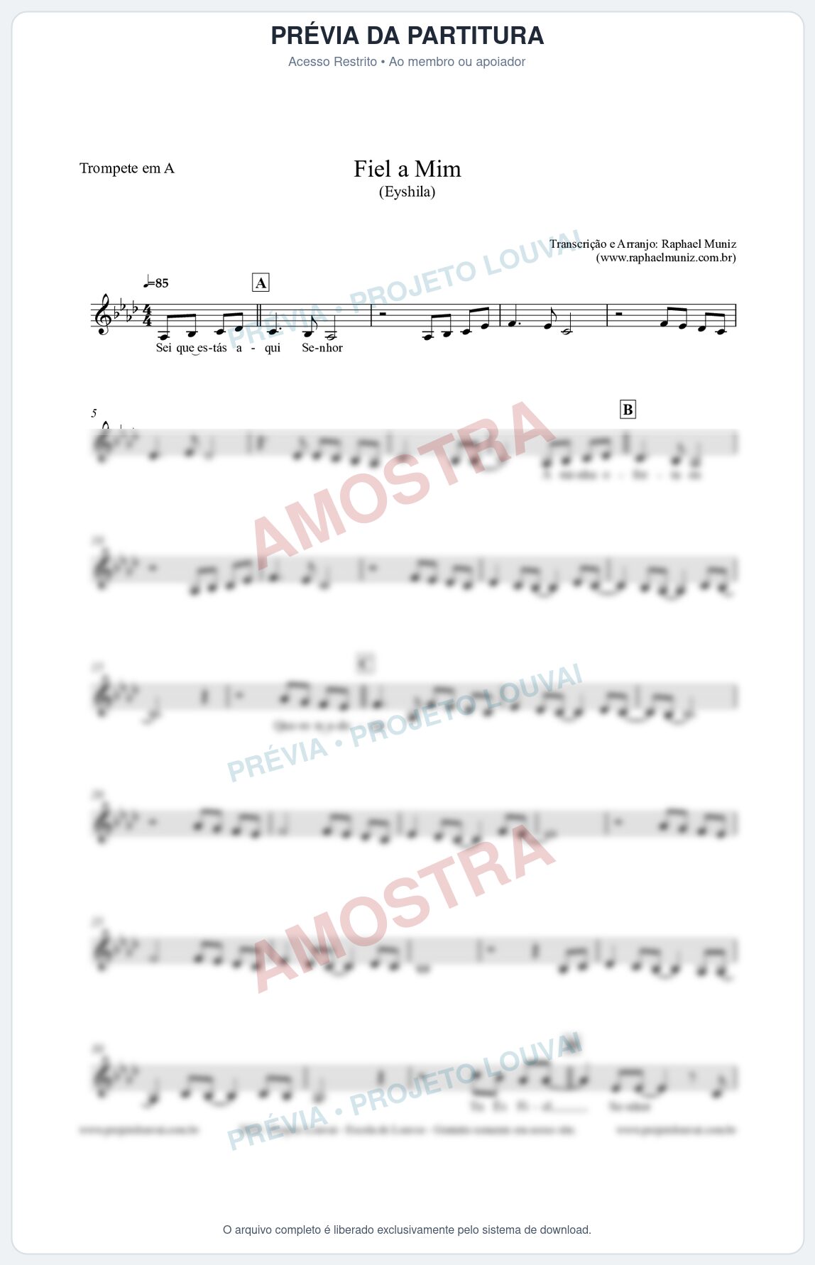 Prévia protegida da primeira página da partitura Partitura para Trompete em A - Fiel a Mim (Tom F) - Eyshila