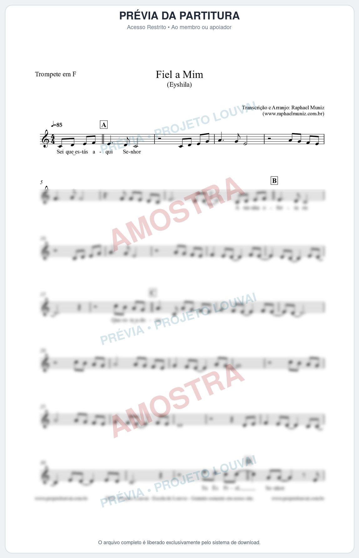 Prévia protegida da primeira página da partitura Partitura para Trompete em F - Fiel a Mim (Tom F) - Eyshila