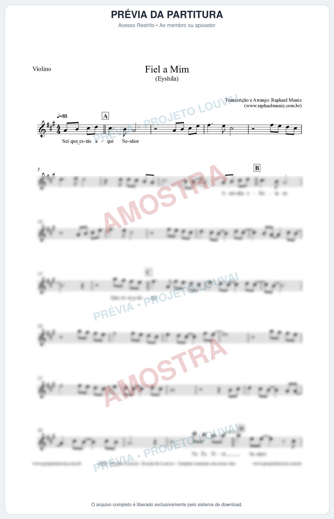 Prévia protegida da primeira página da partitura Partitura para Violino - Fiel a Mim (Tom A) - Eyshila