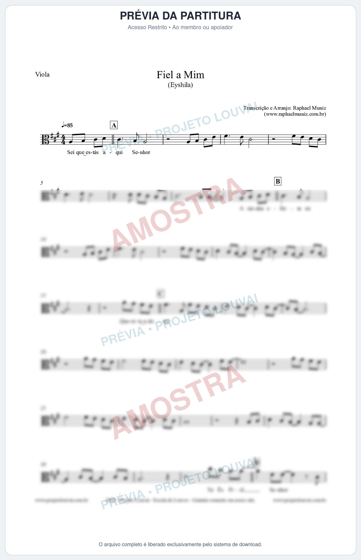 Prévia protegida da primeira página da partitura Partitura para Viola - Fiel a Mim (Tom A) - Eyshila