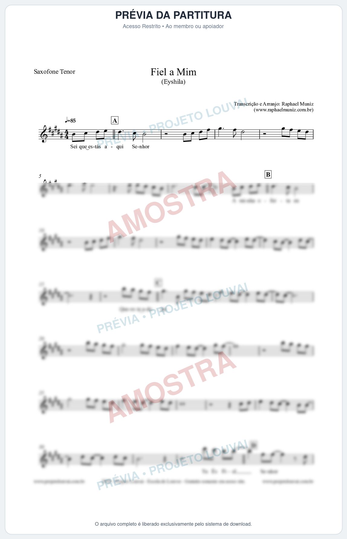 Prévia protegida da primeira página da partitura Partitura para Saxofone Tenor - Fiel a Mim (Tom A) - Eyshila