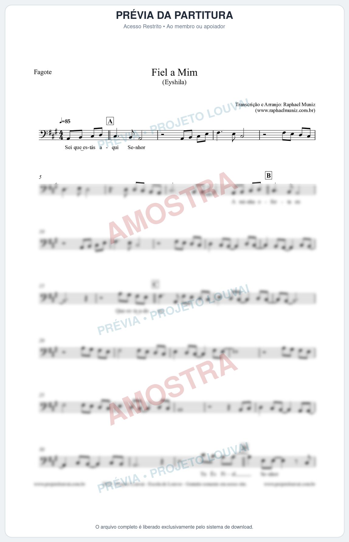 Prévia protegida da primeira página da partitura Partitura para Fagote - Fiel a Mim (Tom A) - Eyshila