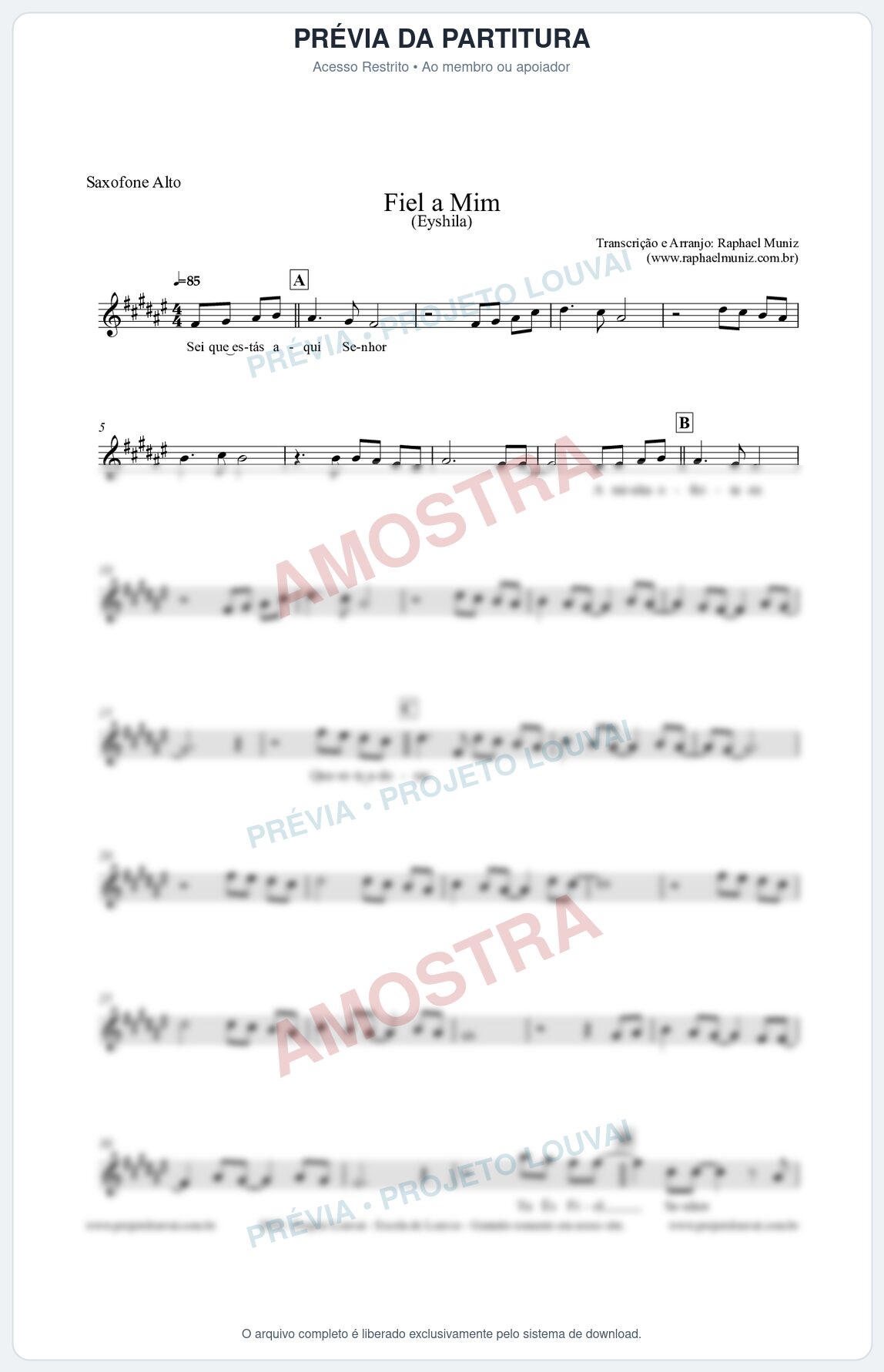 Prévia protegida da primeira página da partitura Partitura para Saxofone Alto - Fiel a Mim (Tom A) - Eyshila