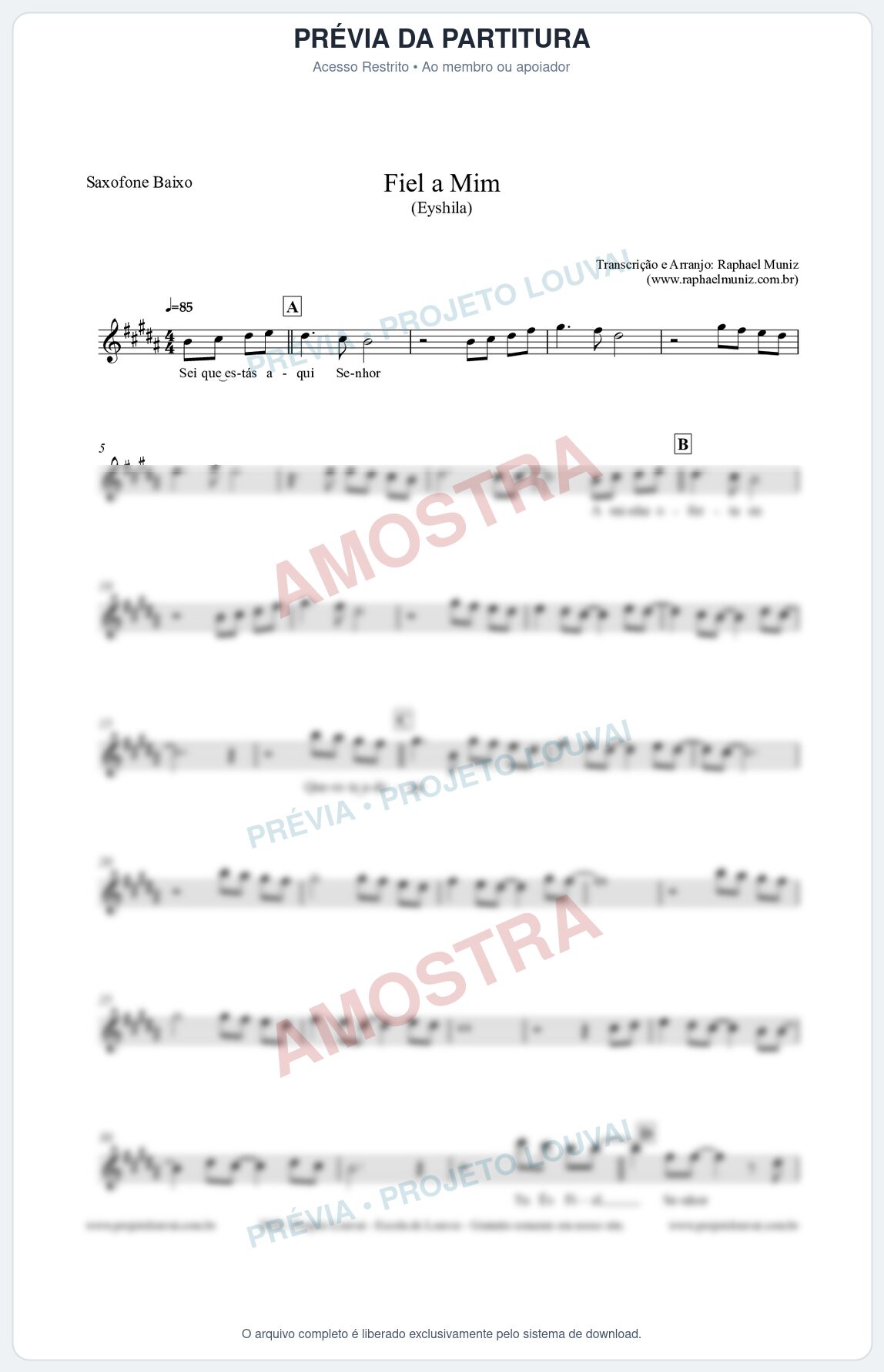 Prévia protegida da primeira página da partitura Partitura para Saxofone Baixo - Fiel a Mim (Tom A) - Eyshila