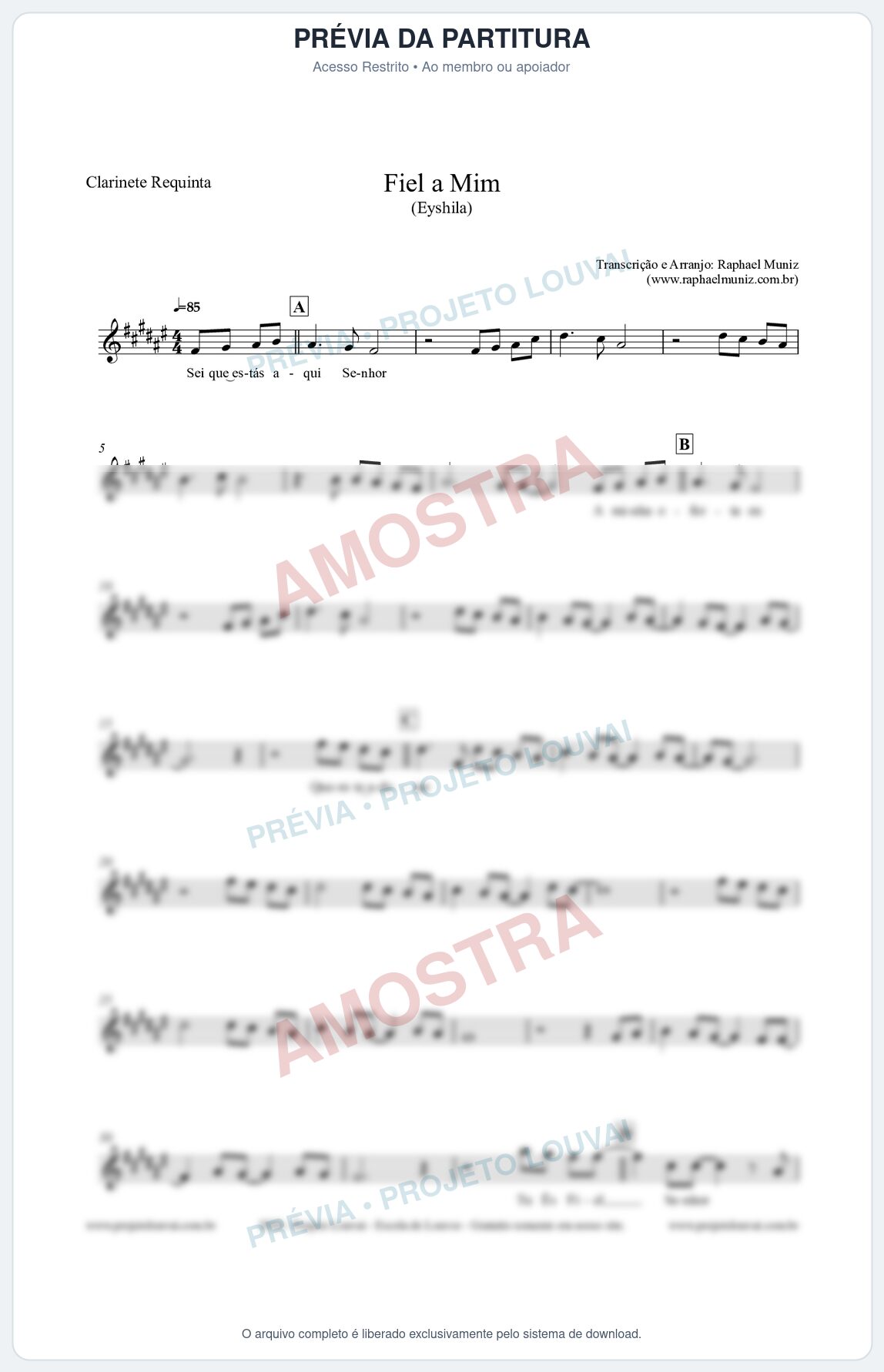 Prévia protegida da primeira página da partitura Partitura para Clarinete Requinta - Fiel a Mim (Tom A) - Eyshila