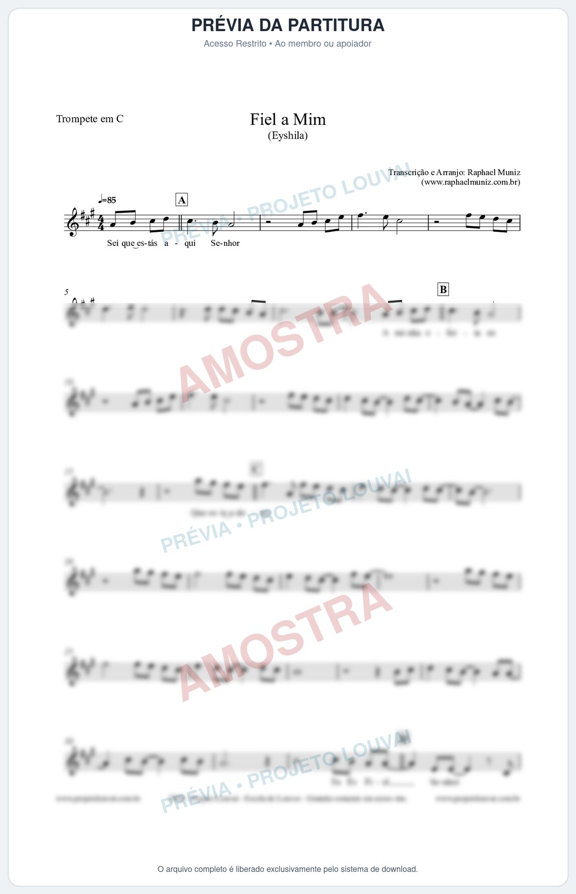 Prévia protegida da primeira página da partitura Partitura para Trompete em C - Fiel a Mim (Tom A) - Eyshila
