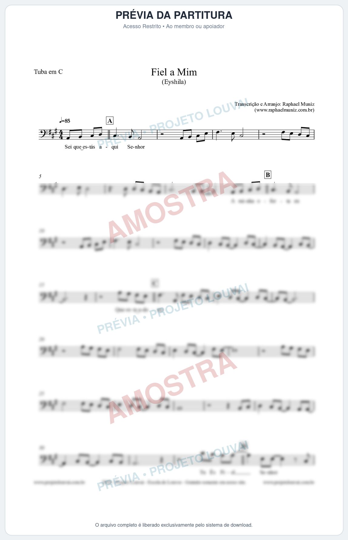Prévia protegida da primeira página da partitura Partitura para Tuba em C - Fiel a Mim (Tom A) - Eyshila