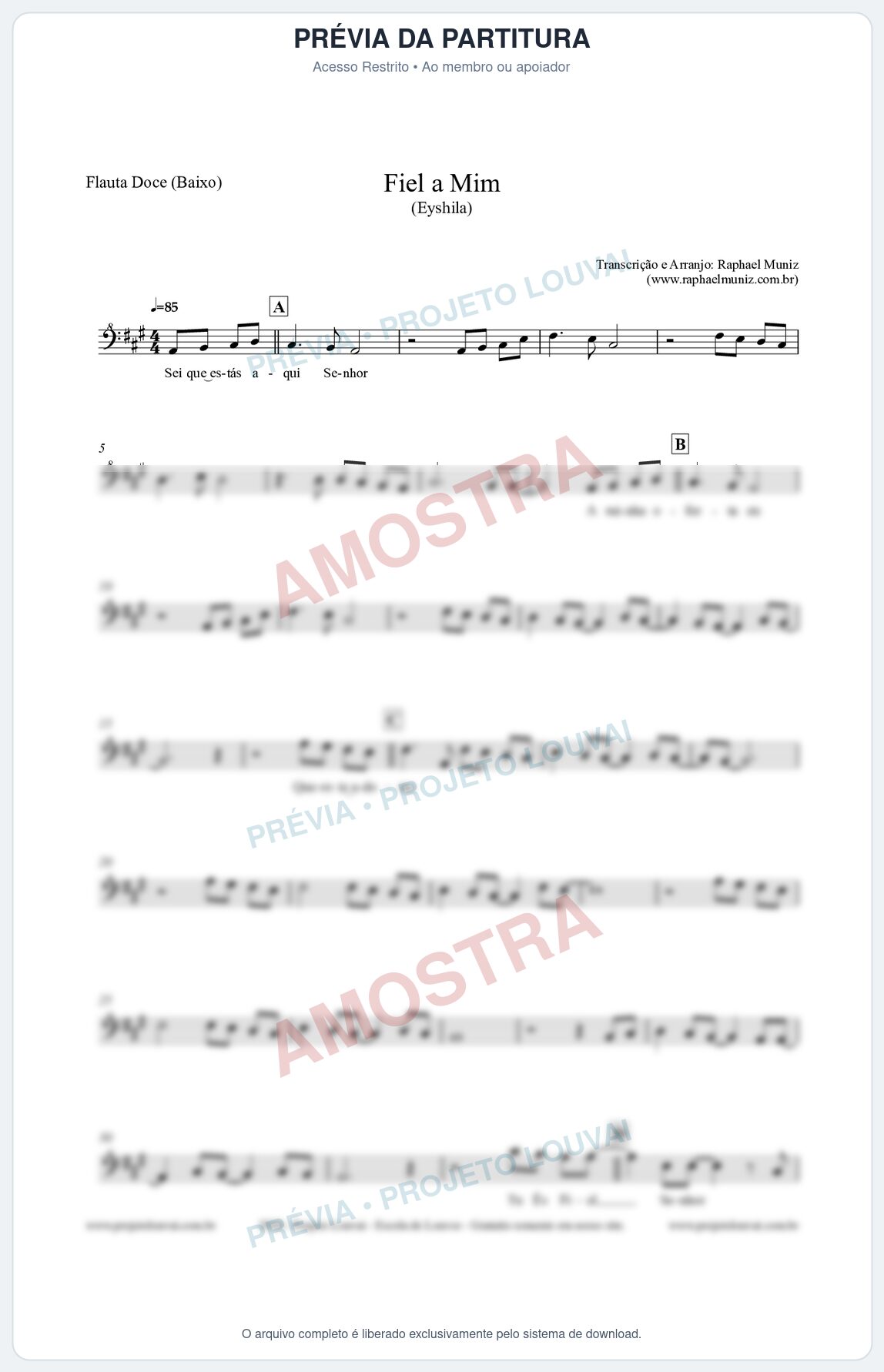 Prévia protegida da primeira página da partitura Partitura para Flauta Doce (Baixo) - Fiel a Mim (Tom A) - Eyshila