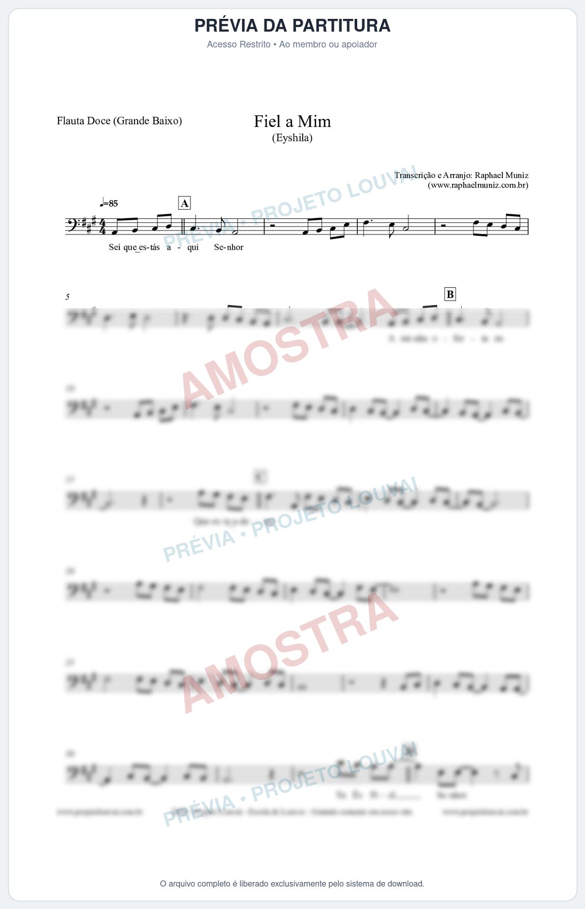 Prévia protegida da primeira página da partitura Partitura para Flauta Doce (Grande Baixo) - Fiel a Mim (Tom A) - Eyshila