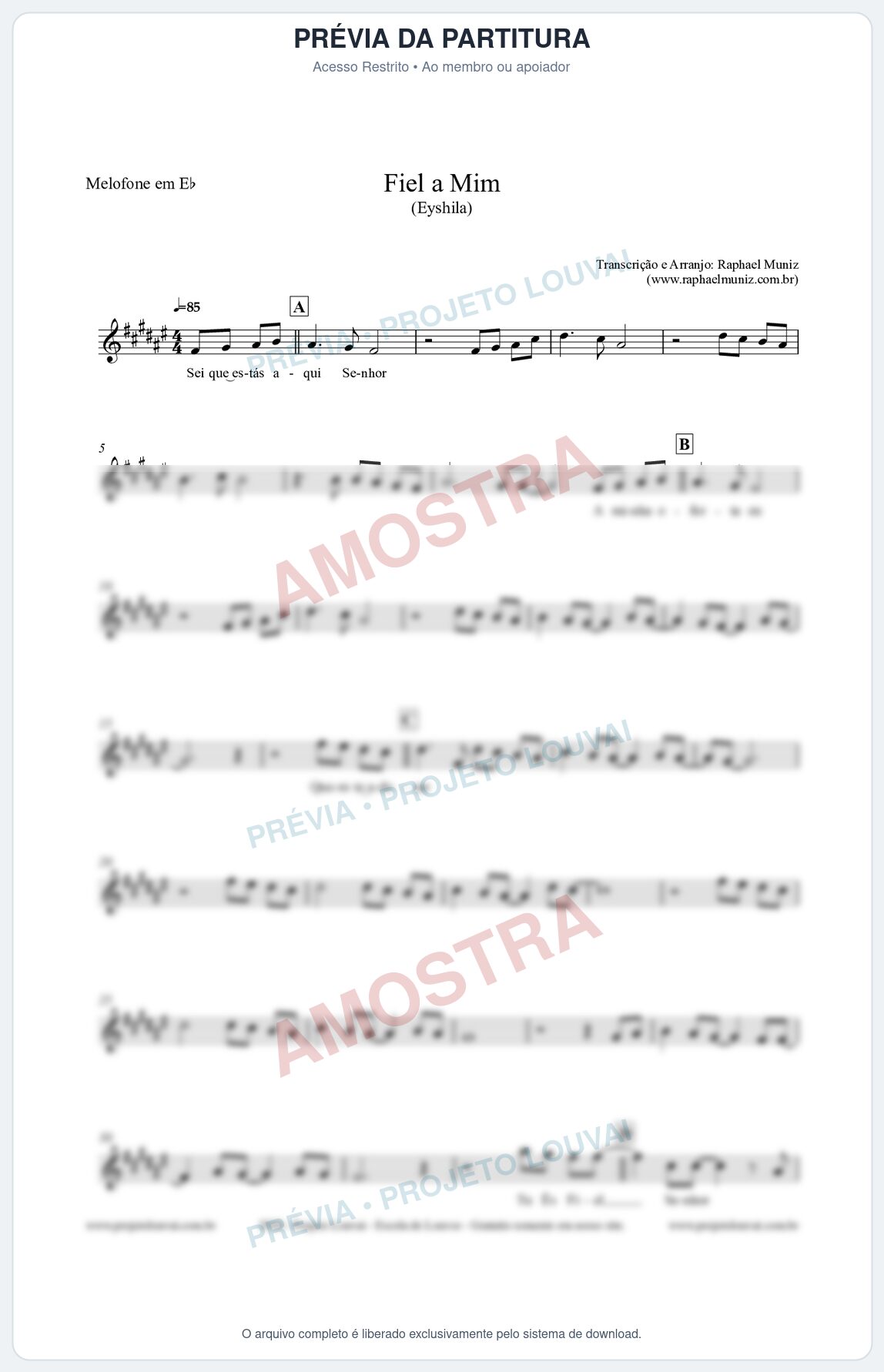 Prévia protegida da primeira página da partitura Partitura para Melofone em Eb - Fiel a Mim (Tom A) - Eyshila
