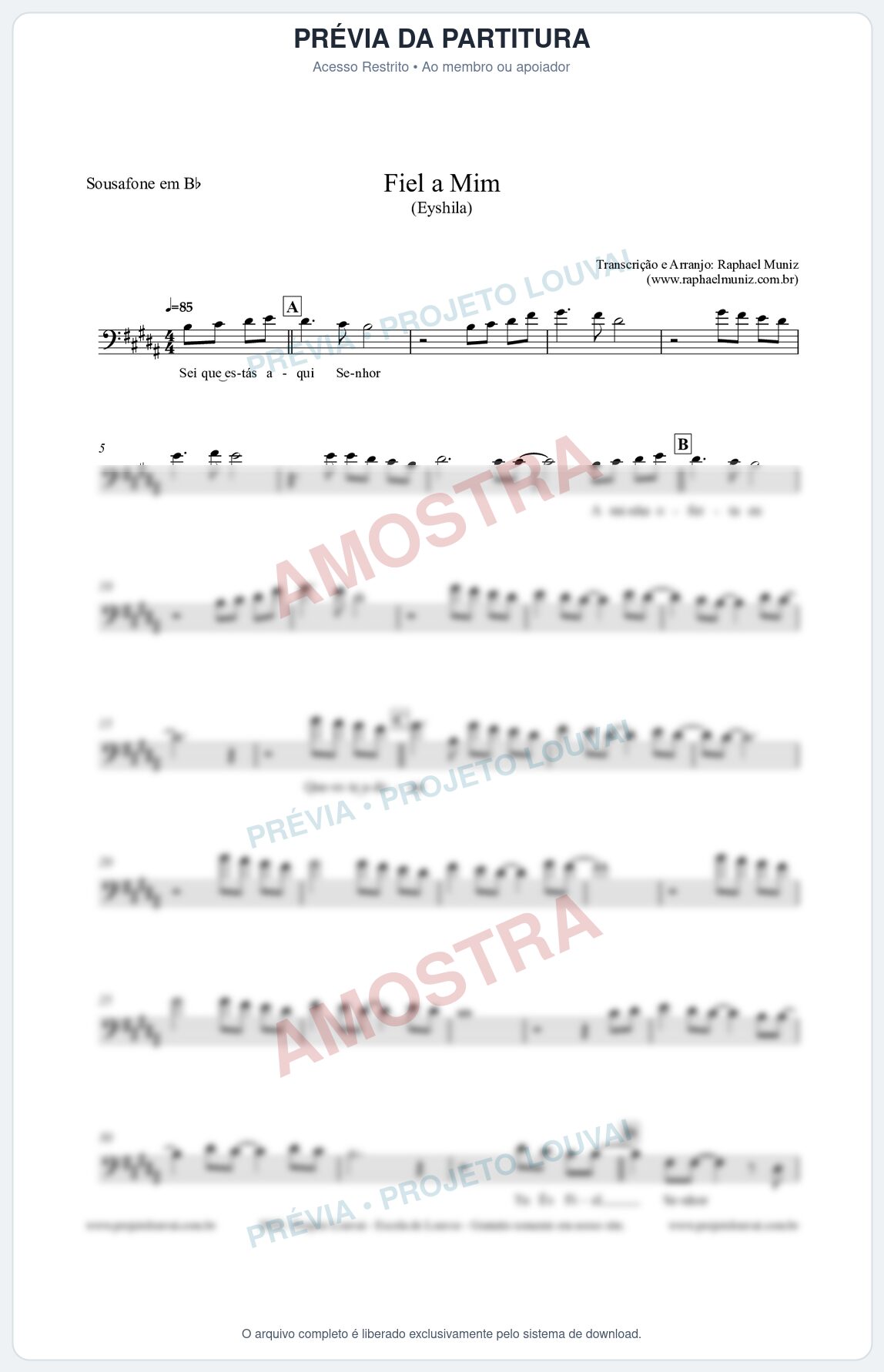 Prévia protegida da primeira página da partitura Partitura para Sousafone em Bb - Fiel a Mim (Tom A) - Eyshila