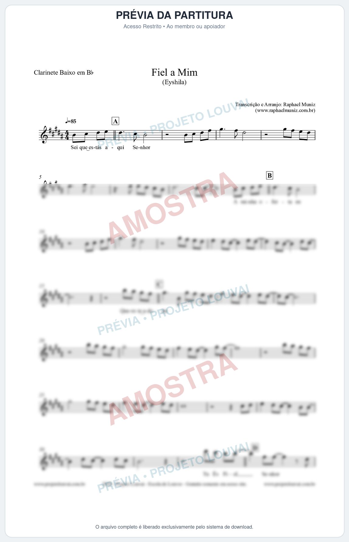 Prévia protegida da primeira página da partitura Partitura para Clarinete Baixo em Bb - Fiel a Mim (Tom A) - Eyshila