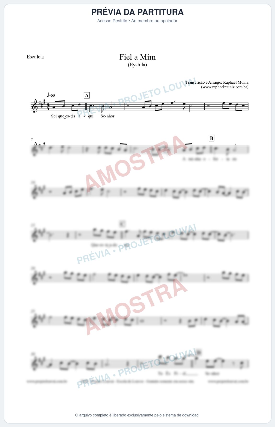 Prévia protegida da primeira página da partitura Partitura para Escaleta - Fiel a Mim (Tom A) - Eyshila