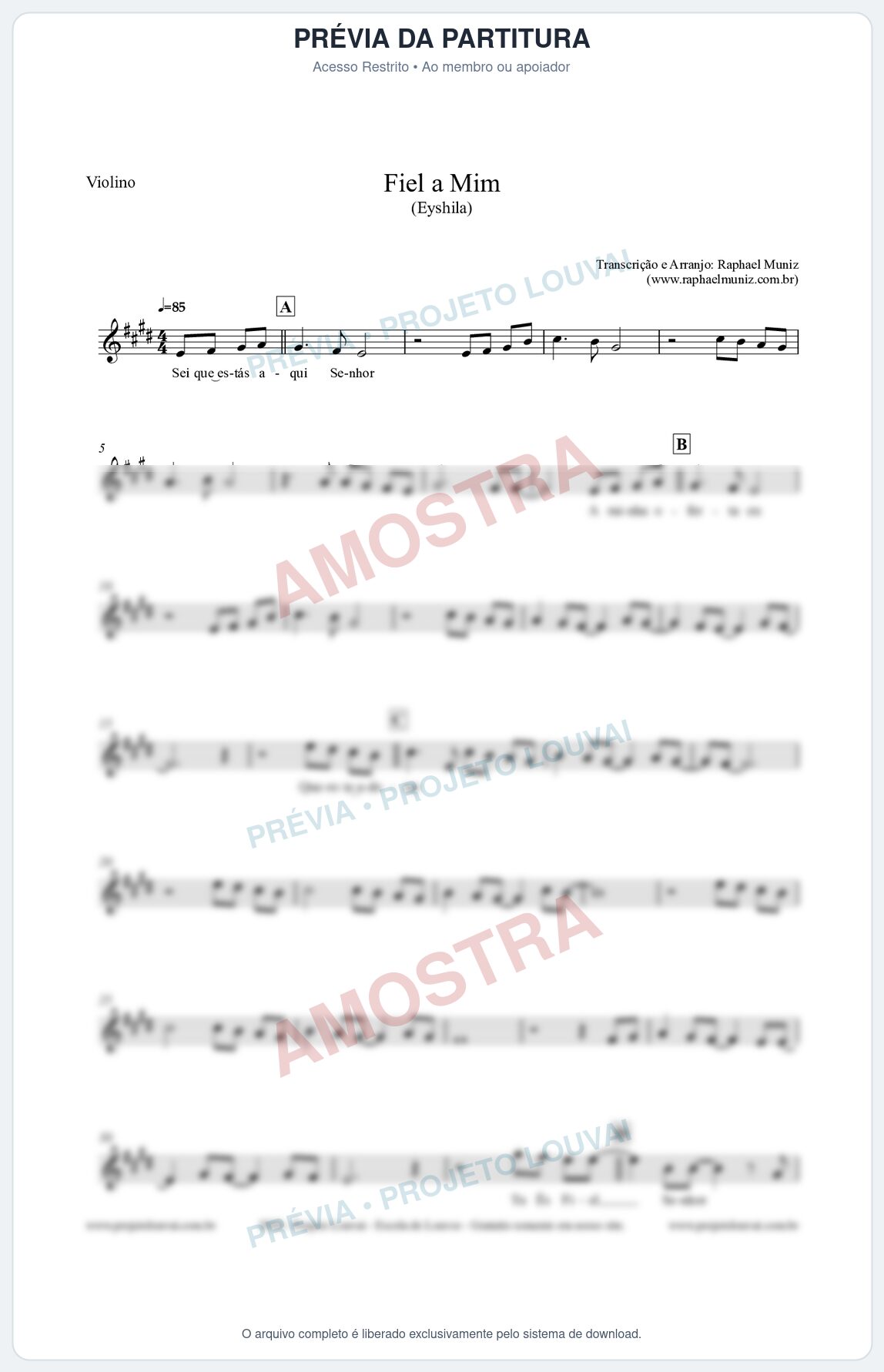 Prévia protegida da primeira página da partitura Partitura para Violino - Fiel a Mim (Tom E) - Eyshila