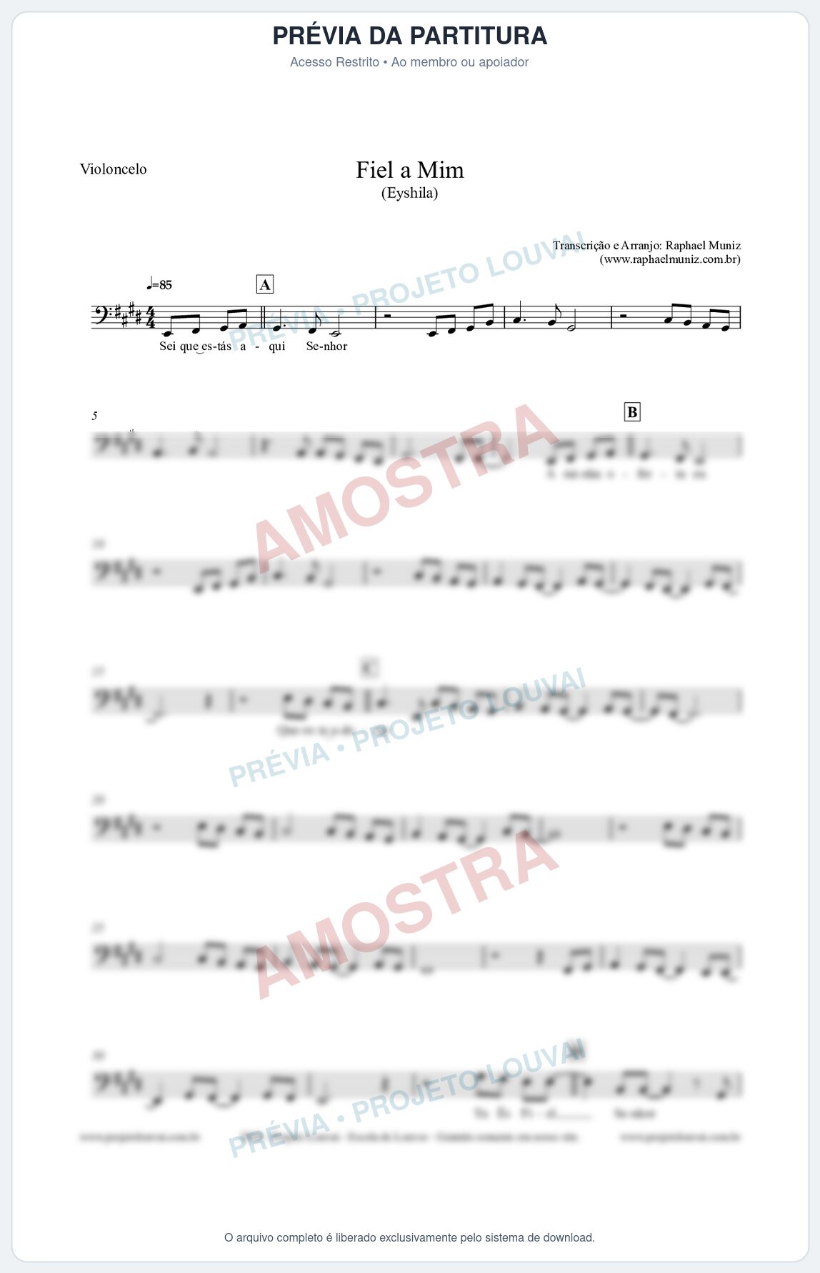 Prévia protegida da primeira página da partitura Partitura para Violoncelo - Fiel a Mim (Tom E) - Eyshila