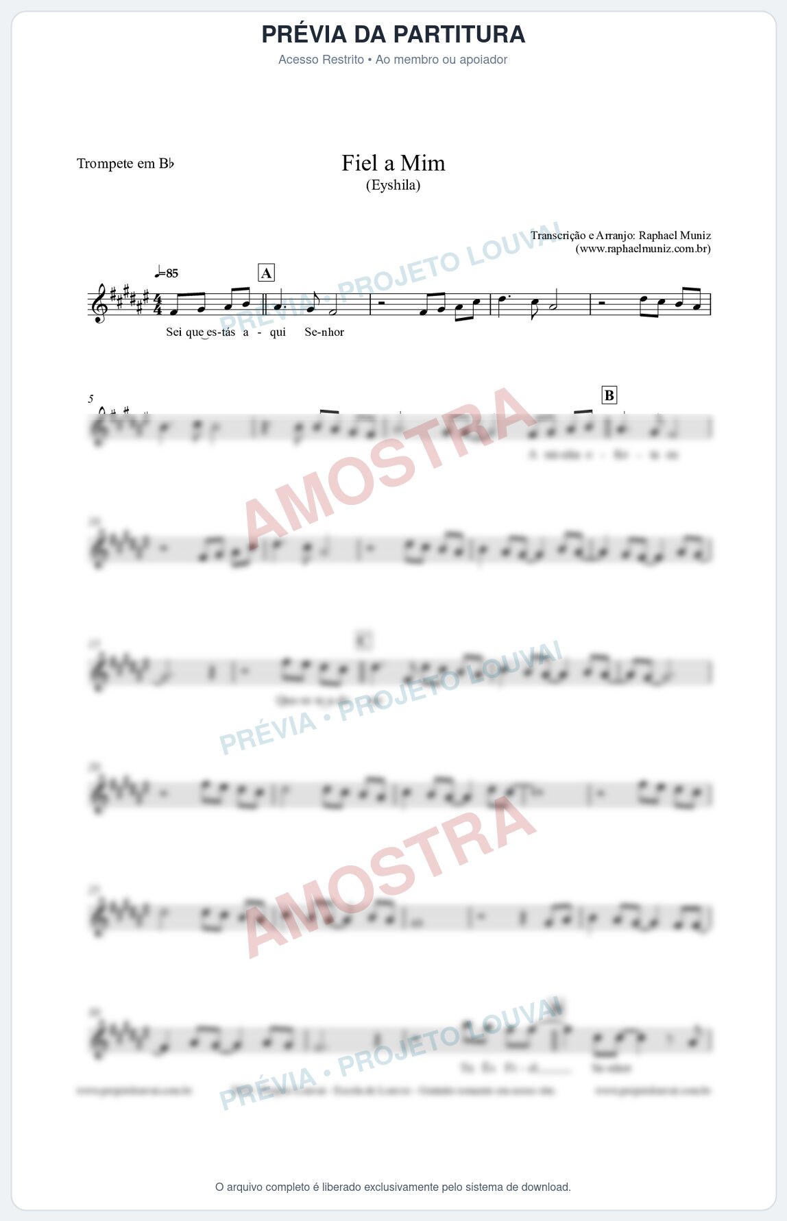Prévia protegida da primeira página da partitura Partitura para Trompete em Bb - Fiel a Mim (Tom E) - Eyshila