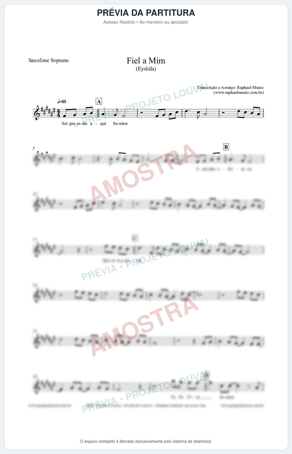Prévia protegida da primeira página da partitura Partitura para Saxofone Soprano - Fiel a Mim (Tom E) - Eyshila