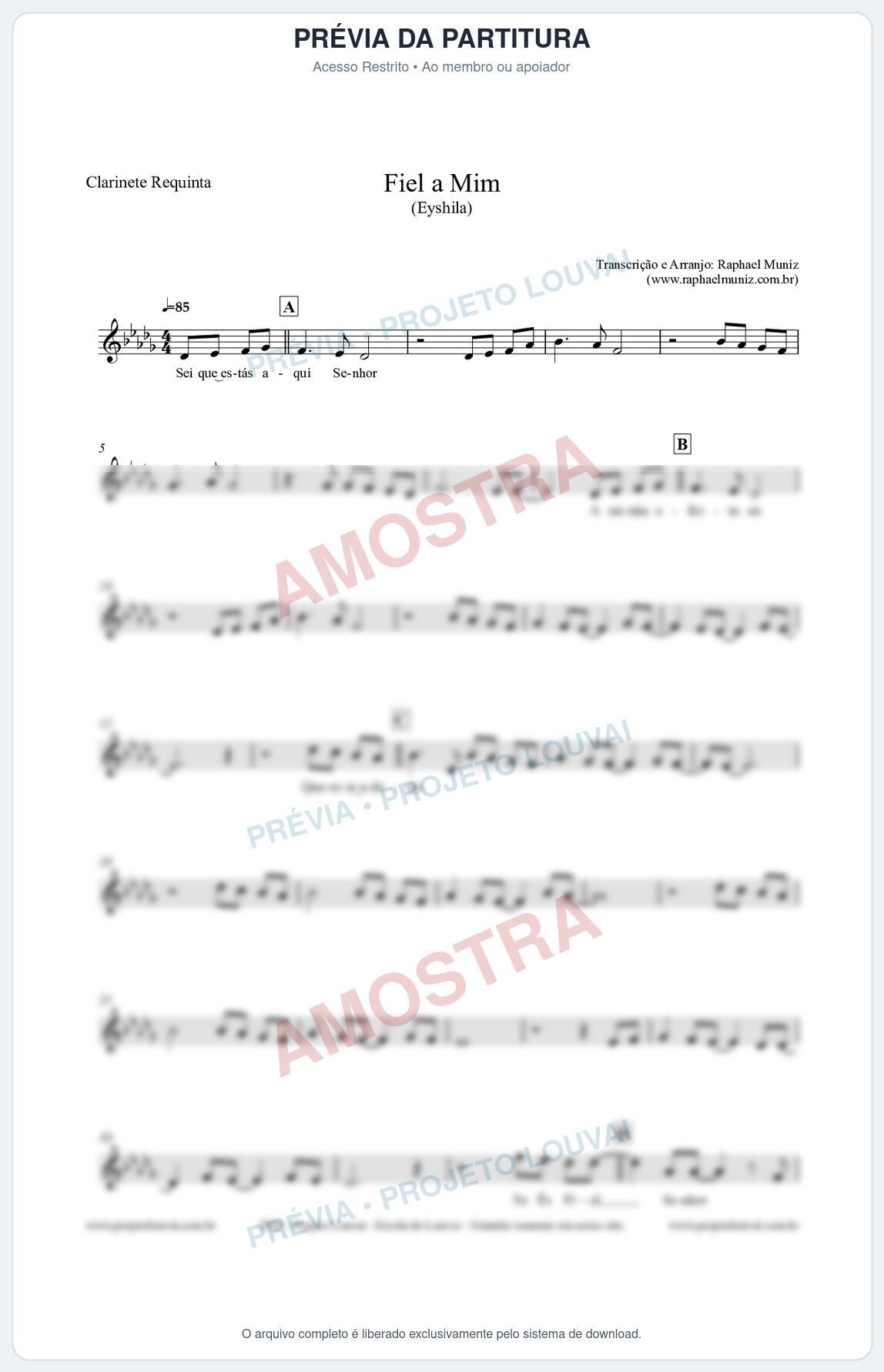 Prévia protegida da primeira página da partitura Partitura para Clarinete Requinta - Fiel a Mim (Tom E) - Eyshila