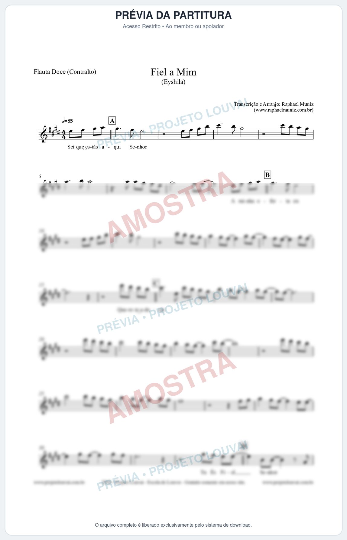 Prévia protegida da primeira página da partitura Partitura para Flauta Doce (Contralto) - Fiel a Mim (Tom E) - Eyshila