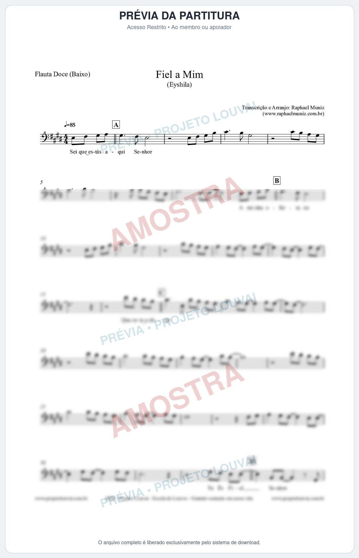 Prévia protegida da primeira página da partitura Partitura para Flauta Doce (Baixo) - Fiel a Mim (Tom E) - Eyshila