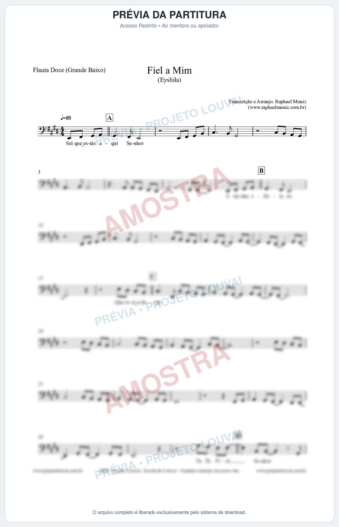 Prévia protegida da primeira página da partitura Partitura para Flauta Doce (Grande Baixo) - Fiel a Mim (Tom E) - Eyshila
