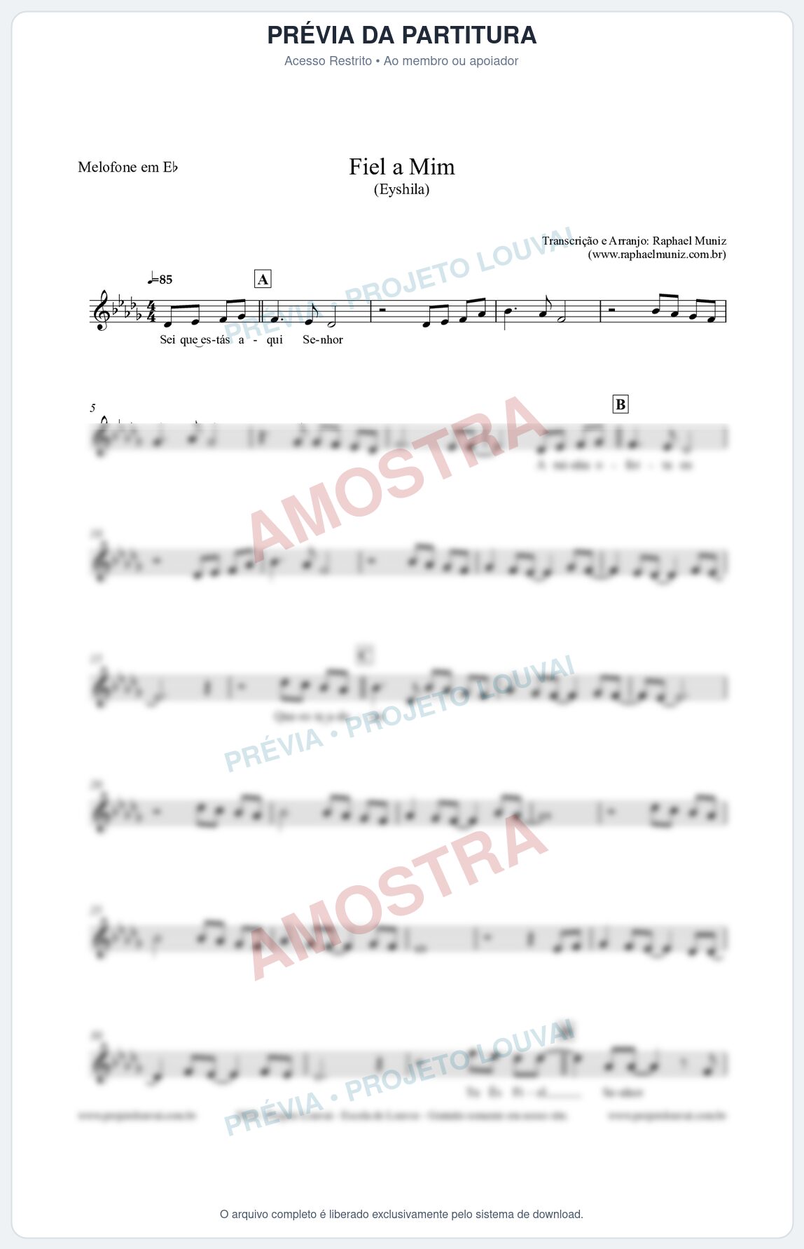 Prévia protegida da primeira página da partitura Partitura para Melofone em Eb - Fiel a Mim (Tom E) - Eyshila