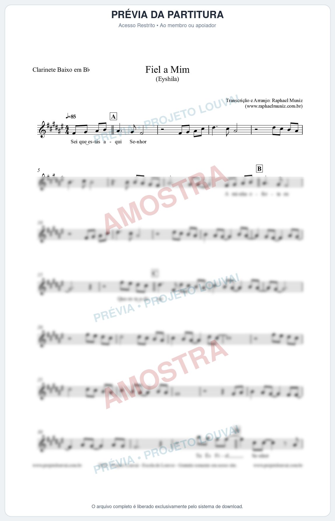 Prévia protegida da primeira página da partitura Partitura para Clarinete Baixo em Bb - Fiel a Mim (Tom E) - Eyshila