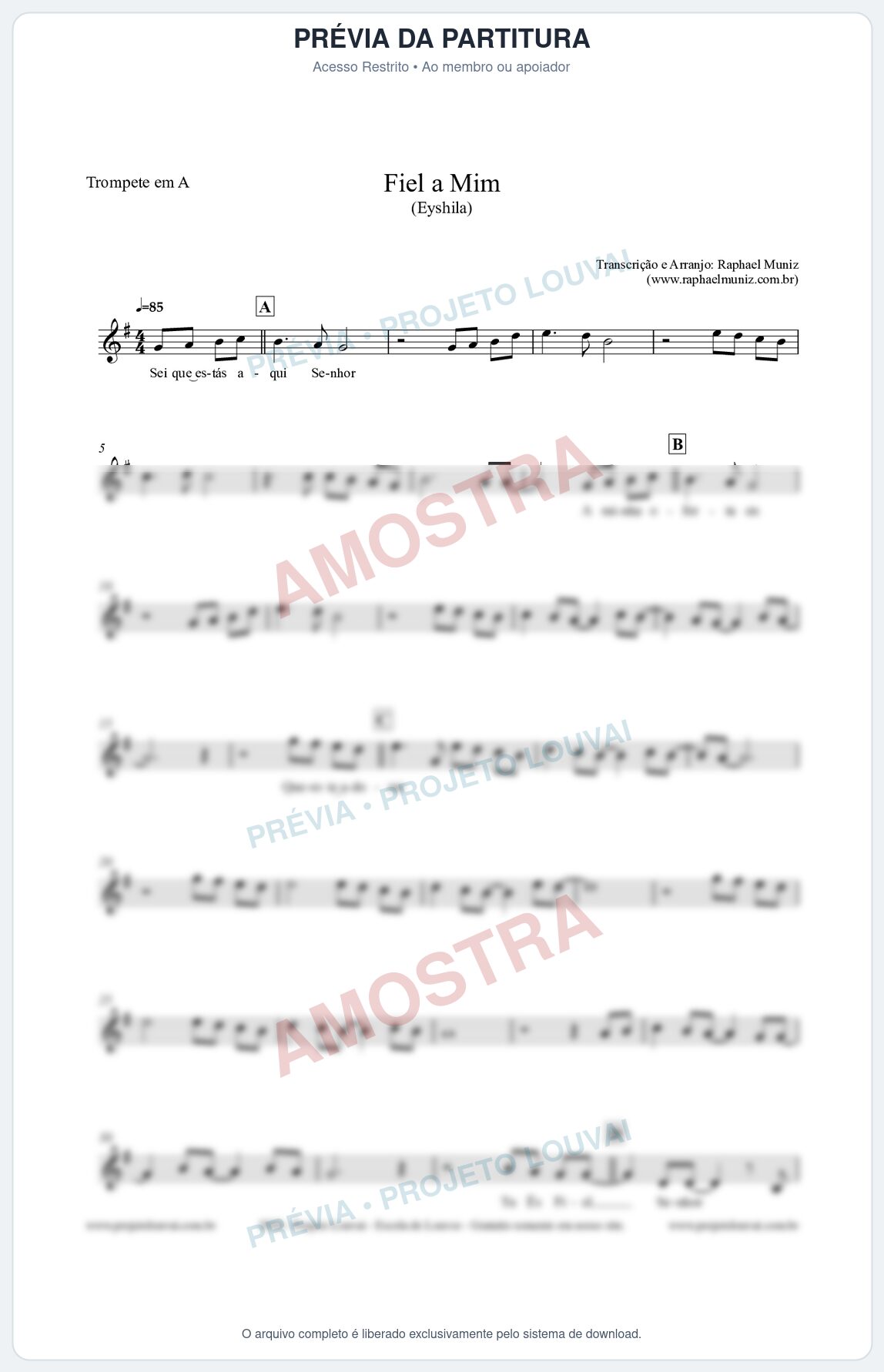 Prévia protegida da primeira página da partitura Partitura para Trompete em A - Fiel a Mim (Tom E) - Eyshila