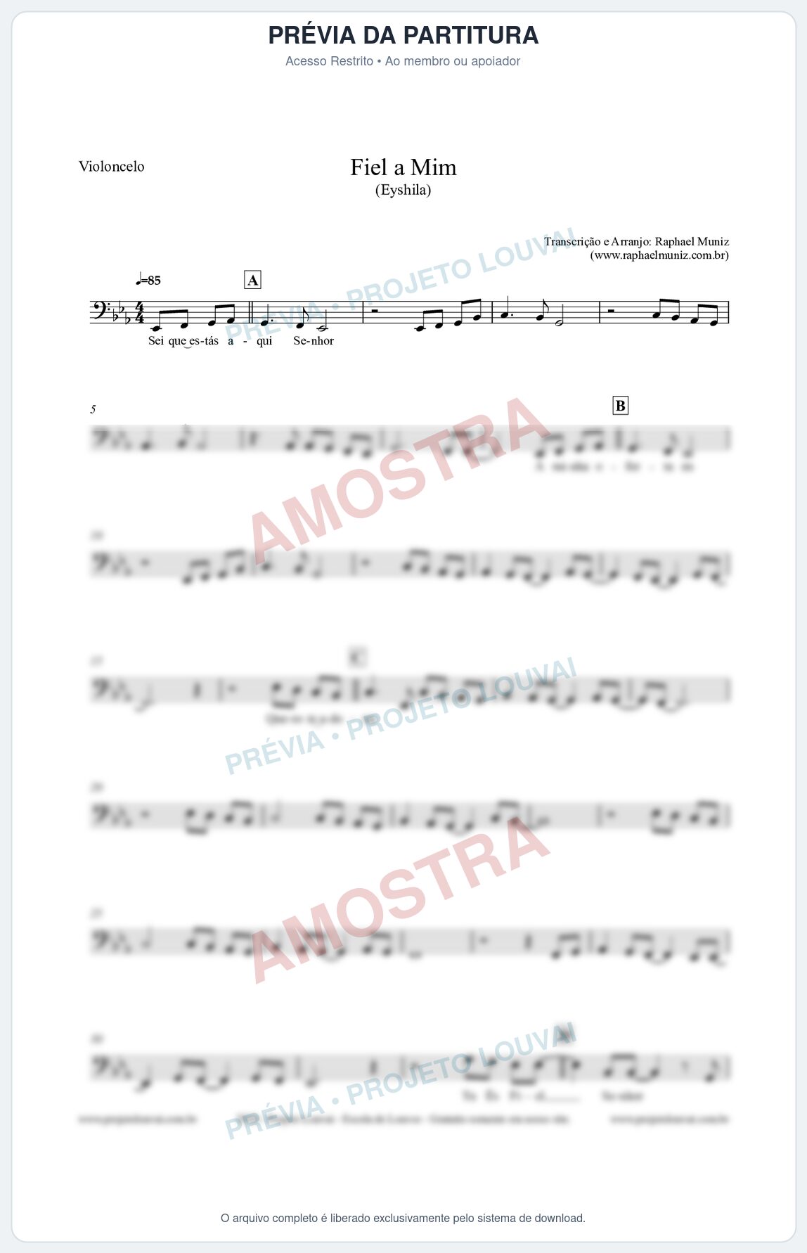 Prévia protegida da primeira página da partitura Partitura para Violoncelo - Fiel a Mim (Tom Eb) - Eyshila