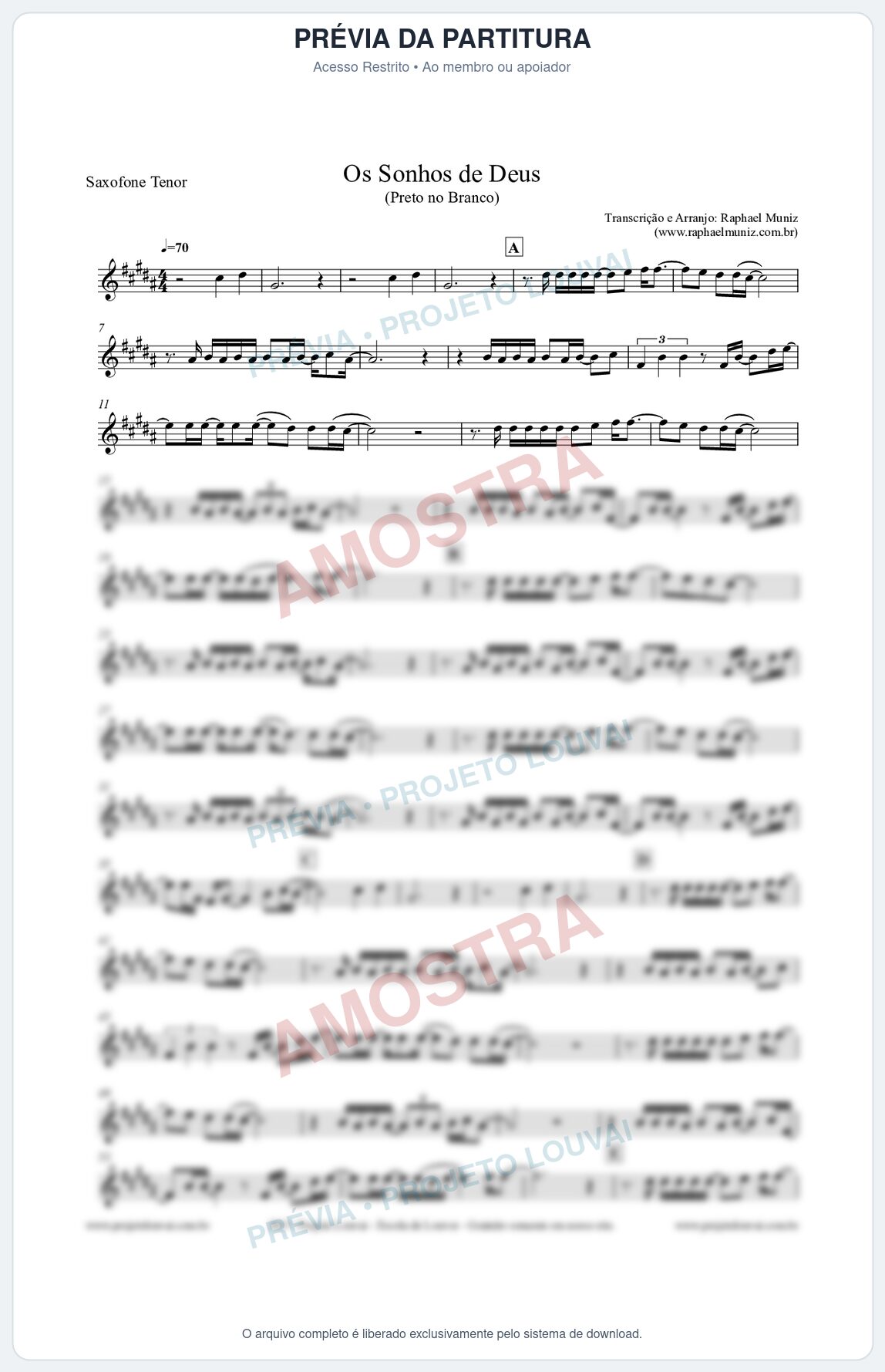 Prévia protegida da primeira página da partitura Partituras para Sax Tenor - Os Sonhos de Deus - Preto no Branco