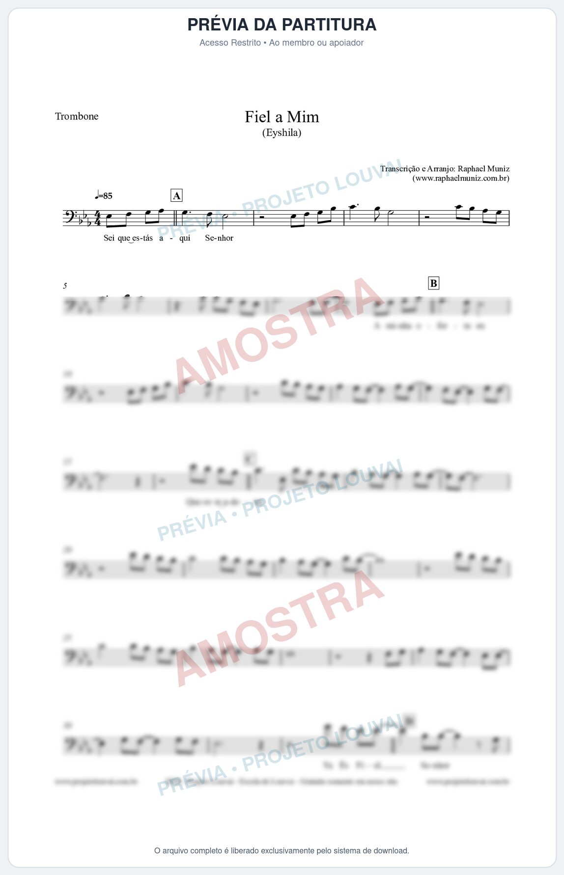 Prévia protegida da primeira página da partitura Partitura para Trombone - Fiel a Mim (Tom Eb) - Eyshila