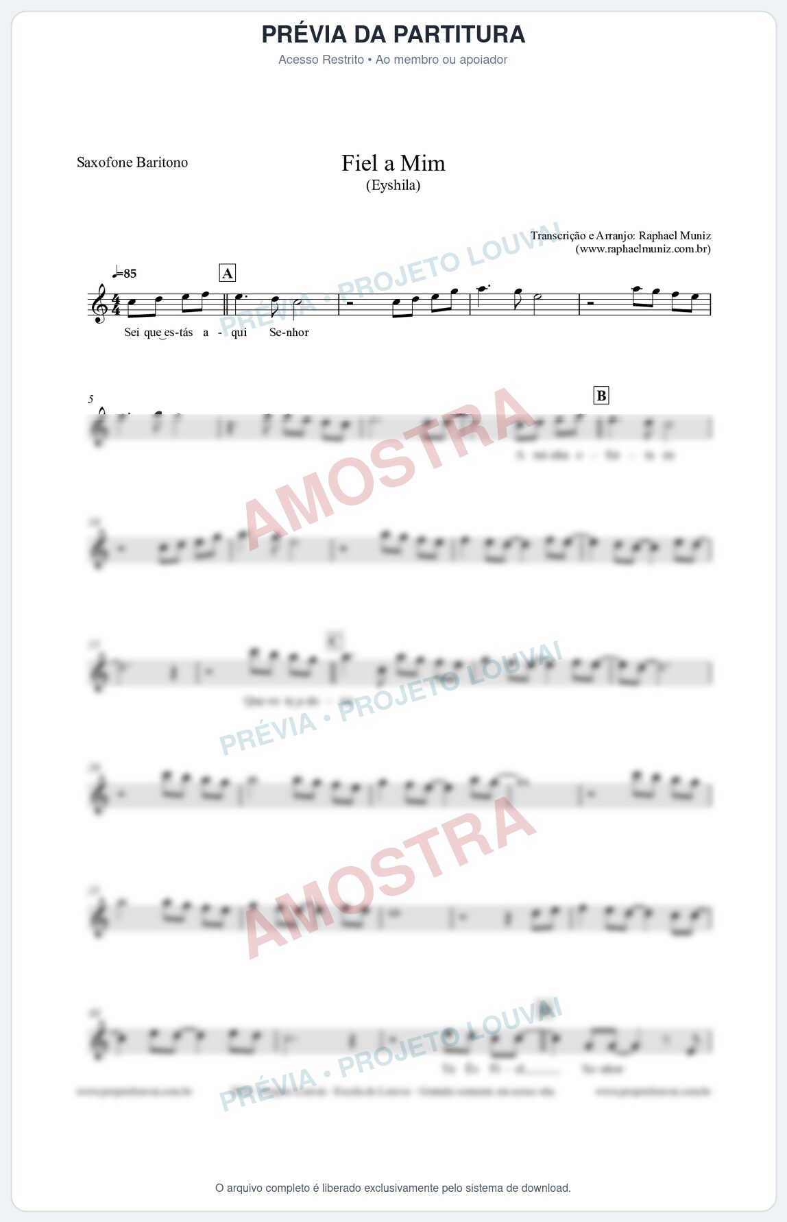 Prévia protegida da primeira página da partitura Partitura para Saxofone Barítono - Fiel a Mim (Tom Eb) - Eyshila