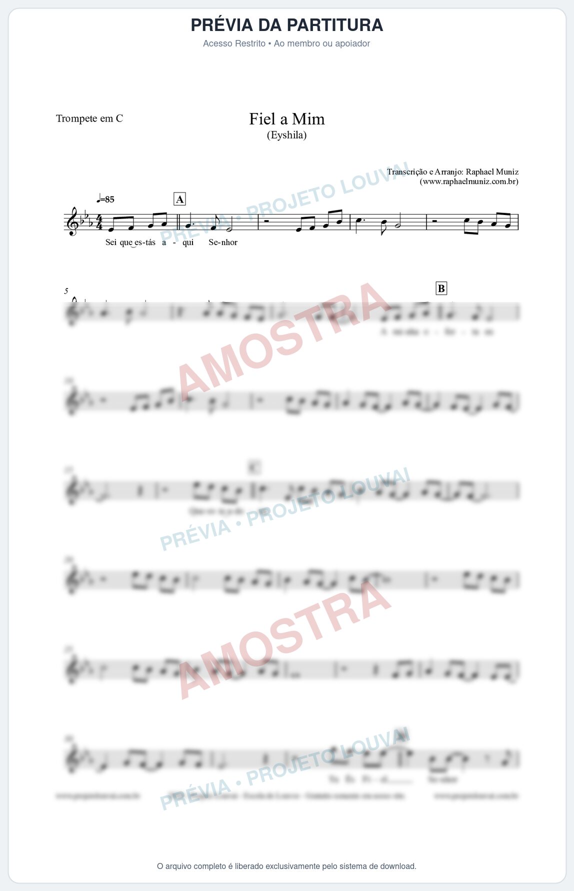 Prévia protegida da primeira página da partitura Partitura para Trompete em C - Fiel a Mim (Tom Eb) - Eyshila