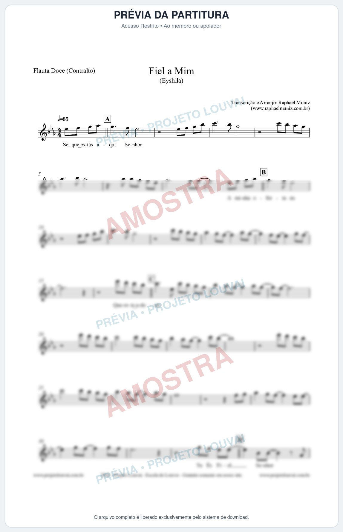 Prévia protegida da primeira página da partitura Partitura para Flauta Doce (Contralto) - Fiel a Mim (Tom Eb) - Eyshila