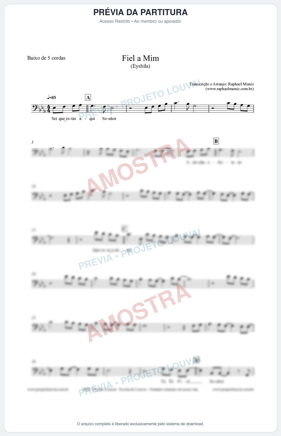 Prévia protegida da primeira página da partitura Partitura para Baixo de 5 cordas - Fiel a Mim (Tom Eb) - Eyshila