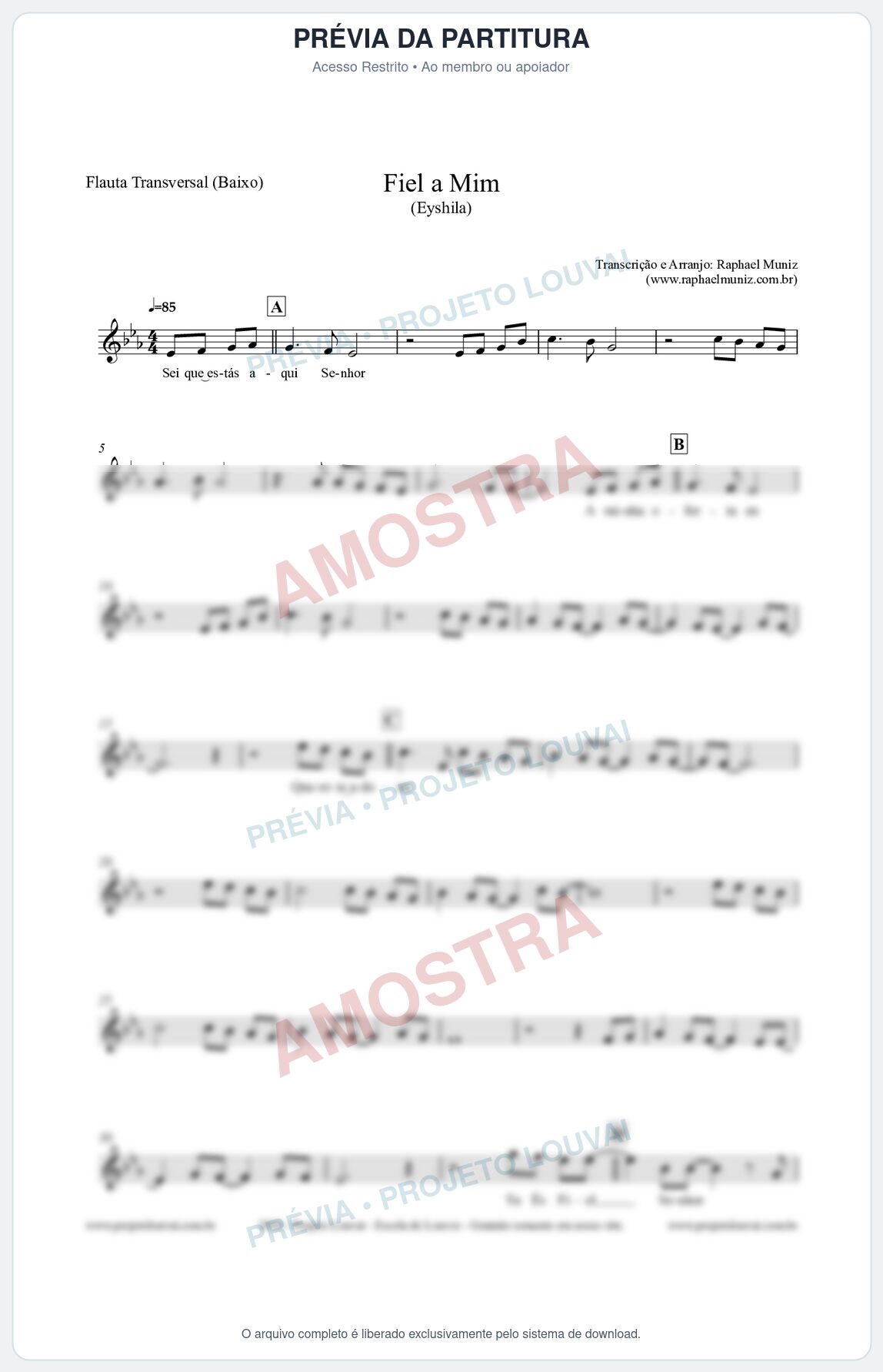 Prévia protegida da primeira página da partitura Partitura para Flauta Transversal (Baixo) - Fiel a Mim (Tom Eb) - Eyshila