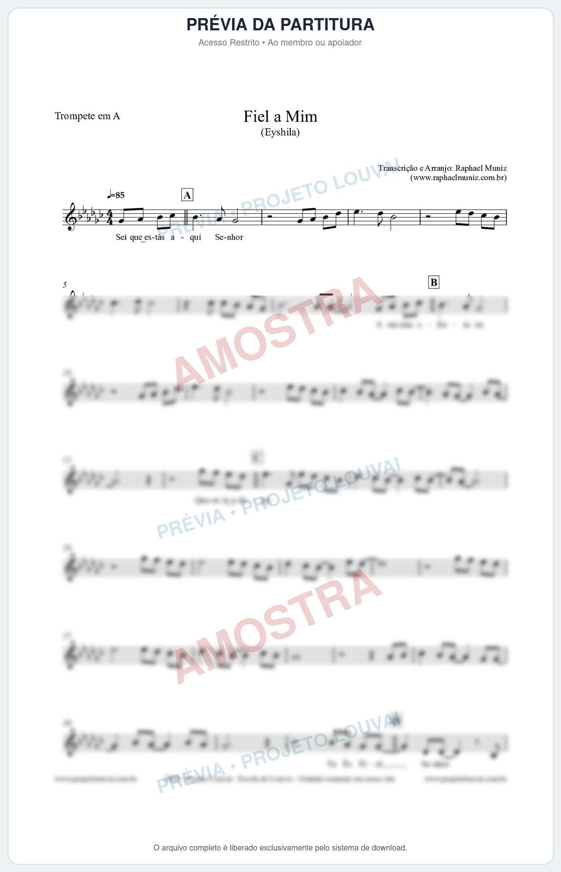 Prévia protegida da primeira página da partitura Partitura para Trompete em A - Fiel a Mim (Tom Eb) - Eyshila
