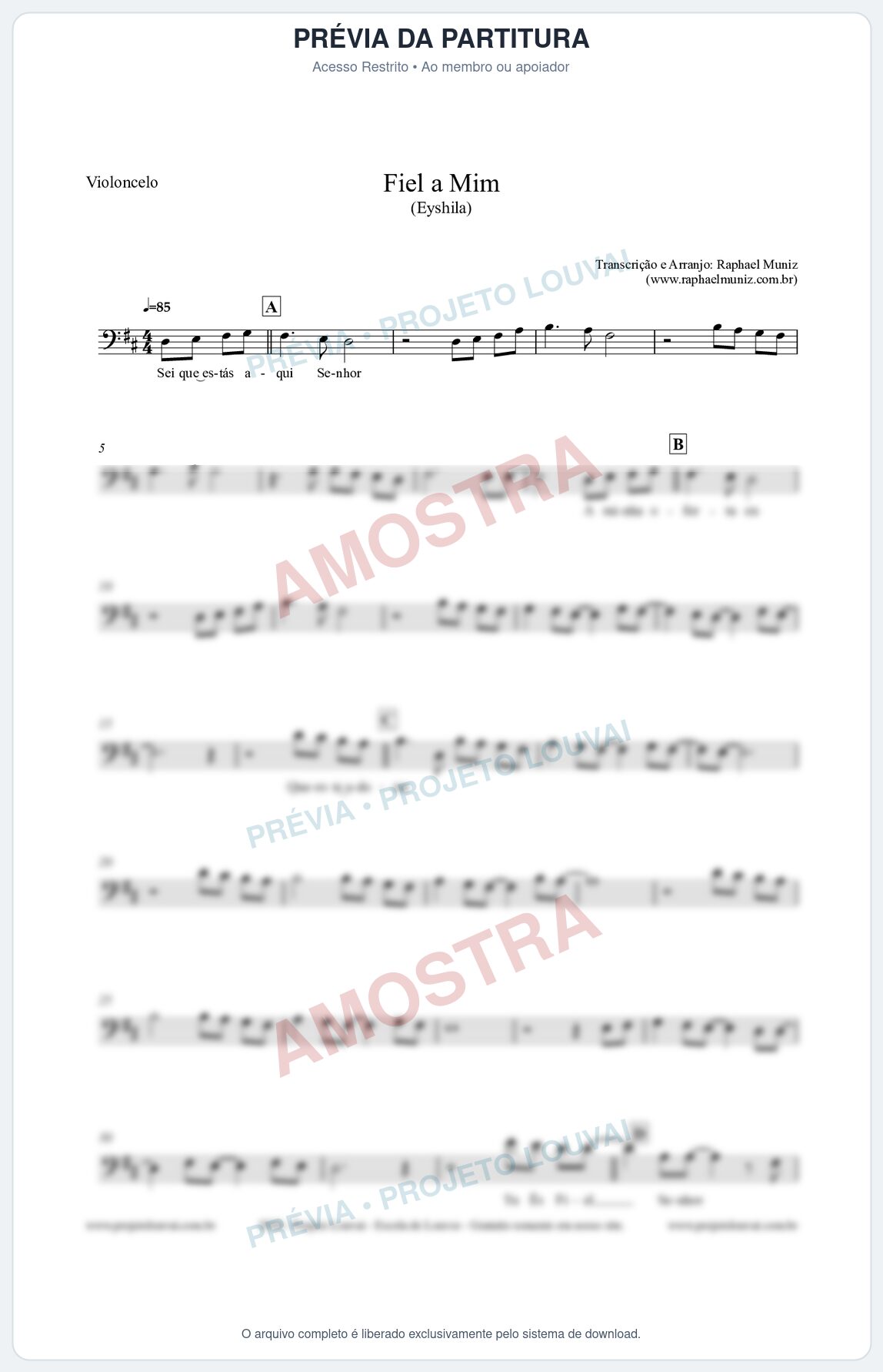 Prévia protegida da primeira página da partitura Partitura para Violoncelo - Fiel a Mim (Tom D) - Eyshila