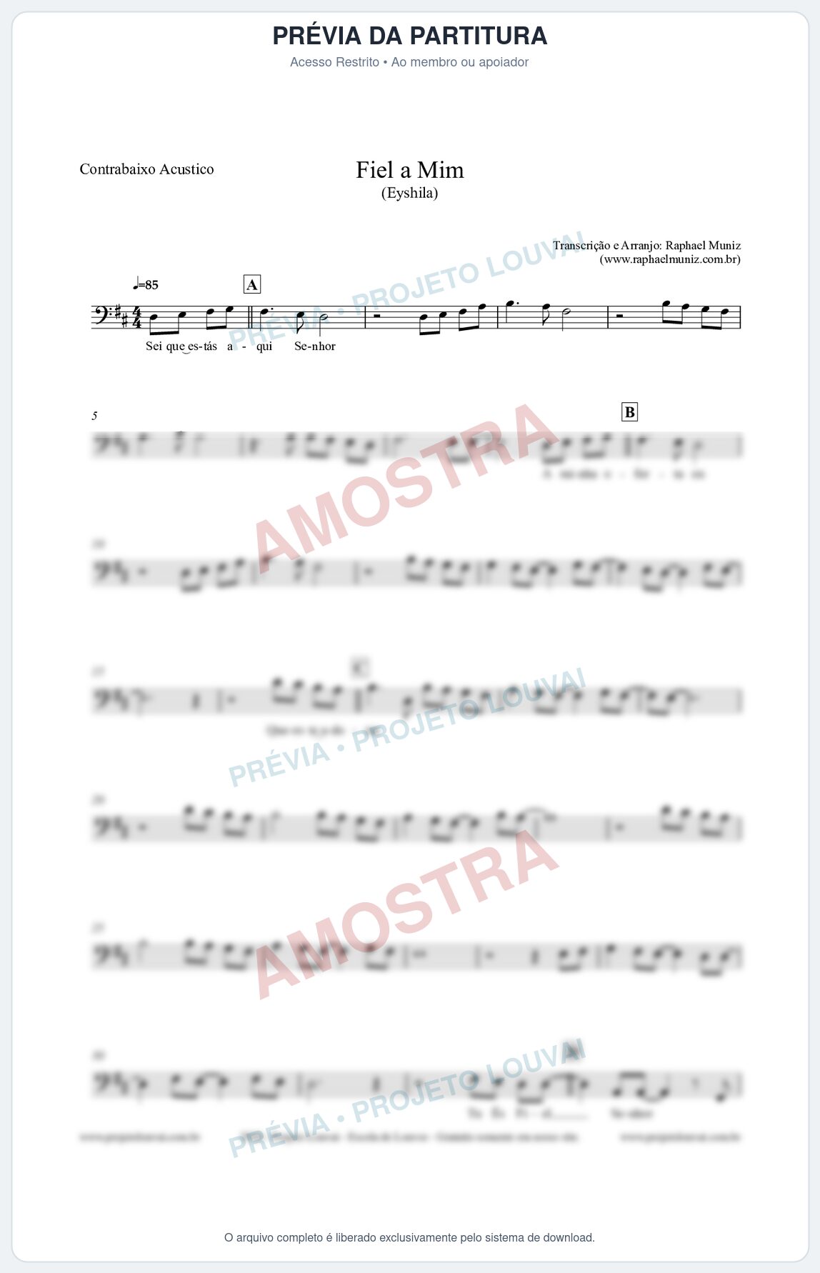Prévia protegida da primeira página da partitura Partitura para Contrabaixo Acústico - Fiel a Mim (Tom D) - Eyshila