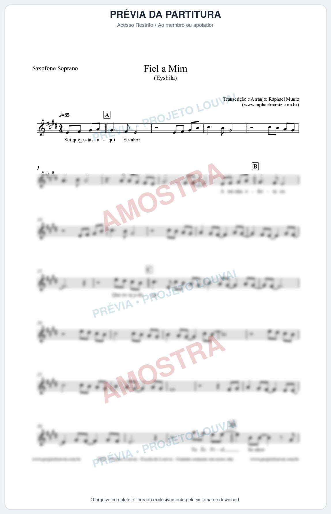 Prévia protegida da primeira página da partitura Partitura para Saxofone Soprano - Fiel a Mim (Tom D) - Eyshila