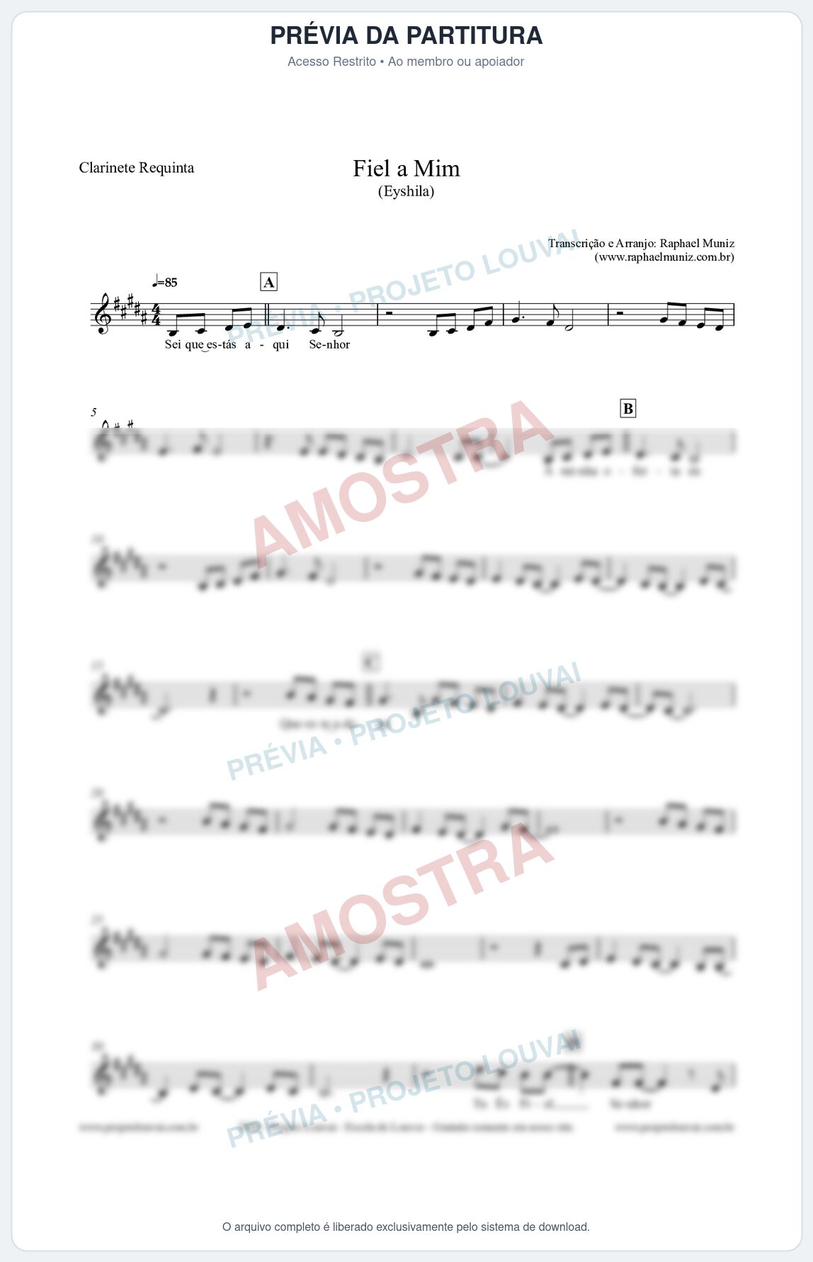 Prévia protegida da primeira página da partitura Partitura para Clarinete Requinta - Fiel a Mim (Tom D) - Eyshila